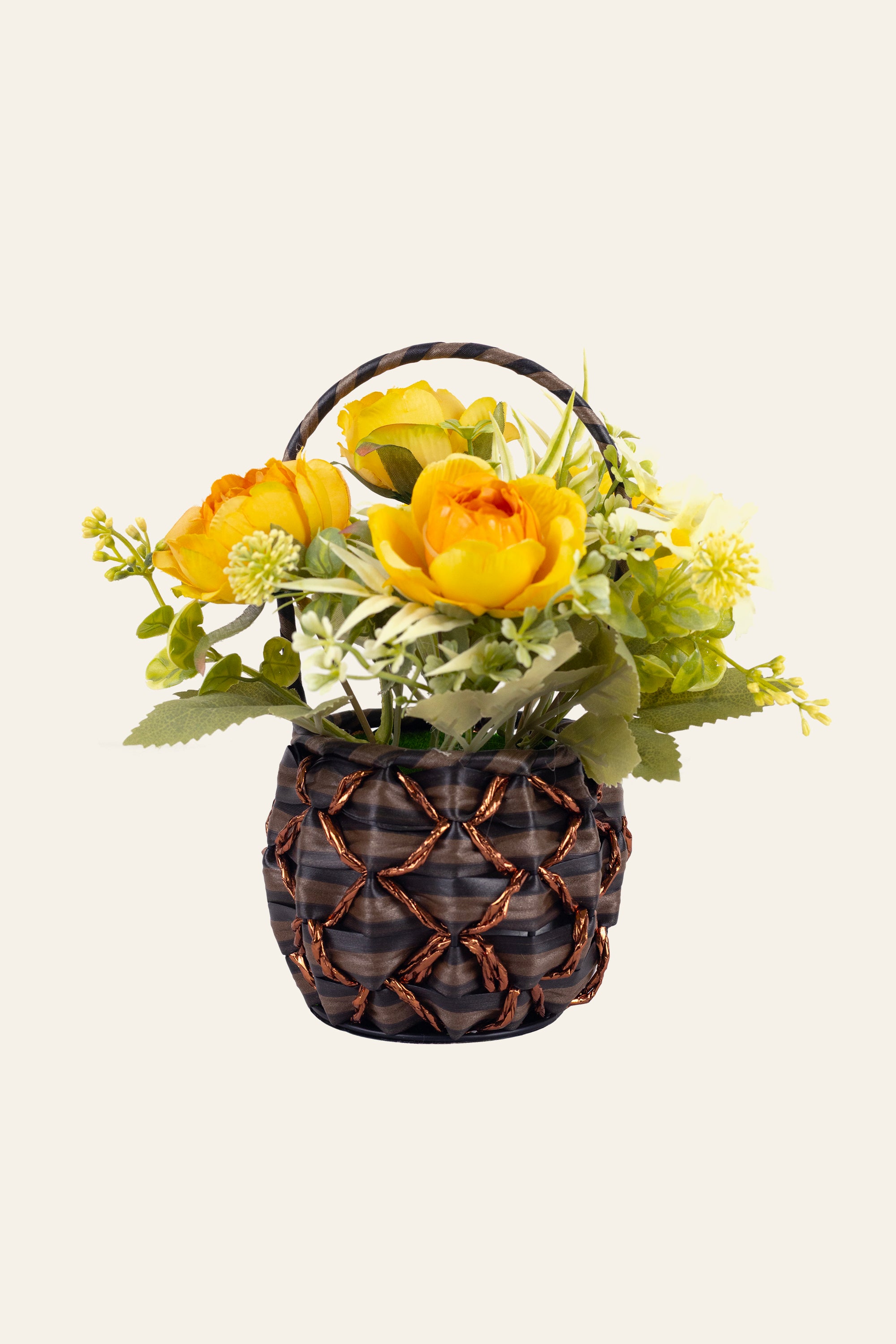 Yellow Rose Artificial Flower in Woven Basket