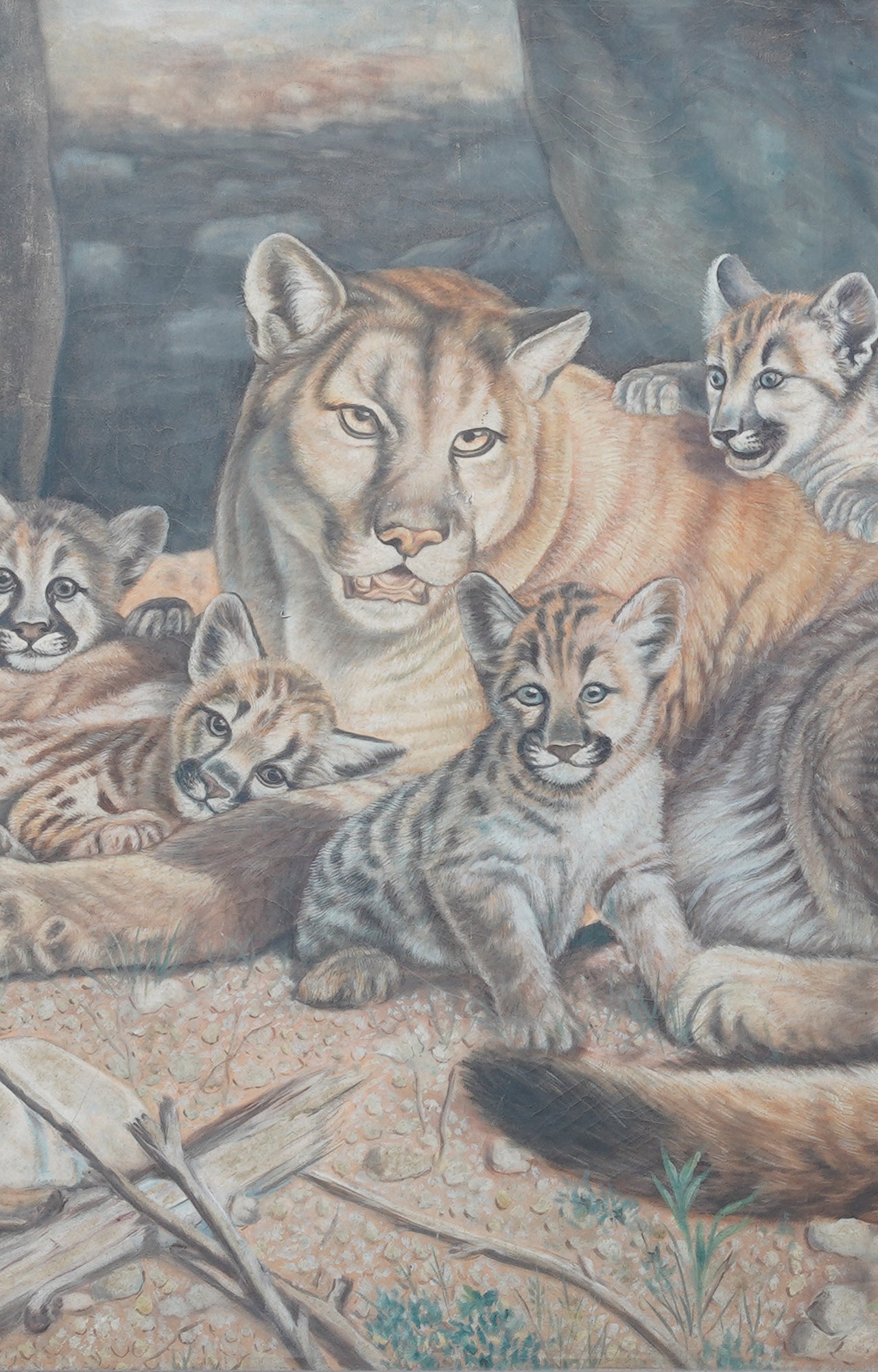 Rocky Mountain Majesty: A Mother Cougar and Her Cubs Oil Color Painting