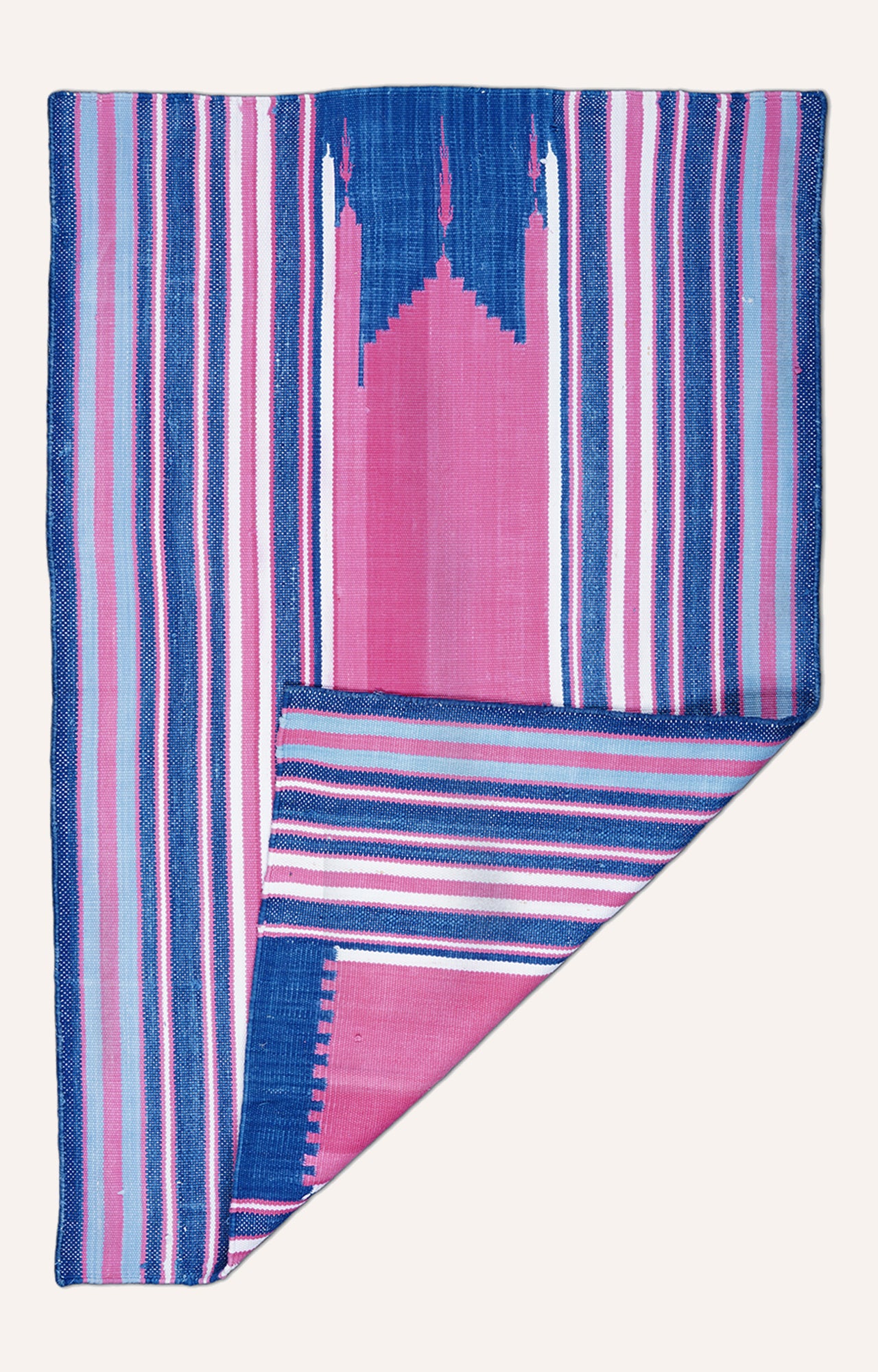 41 x 26 Inches Handwoven Cotton Prayer Rug (Blue And Pink)