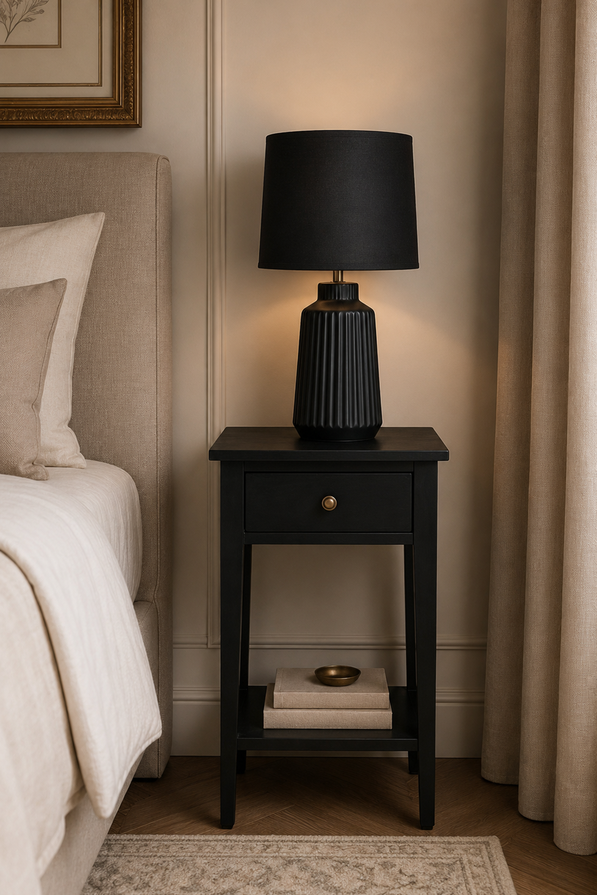 Minimalist Black 1-Drawer Bedside Table with Storage Shelf