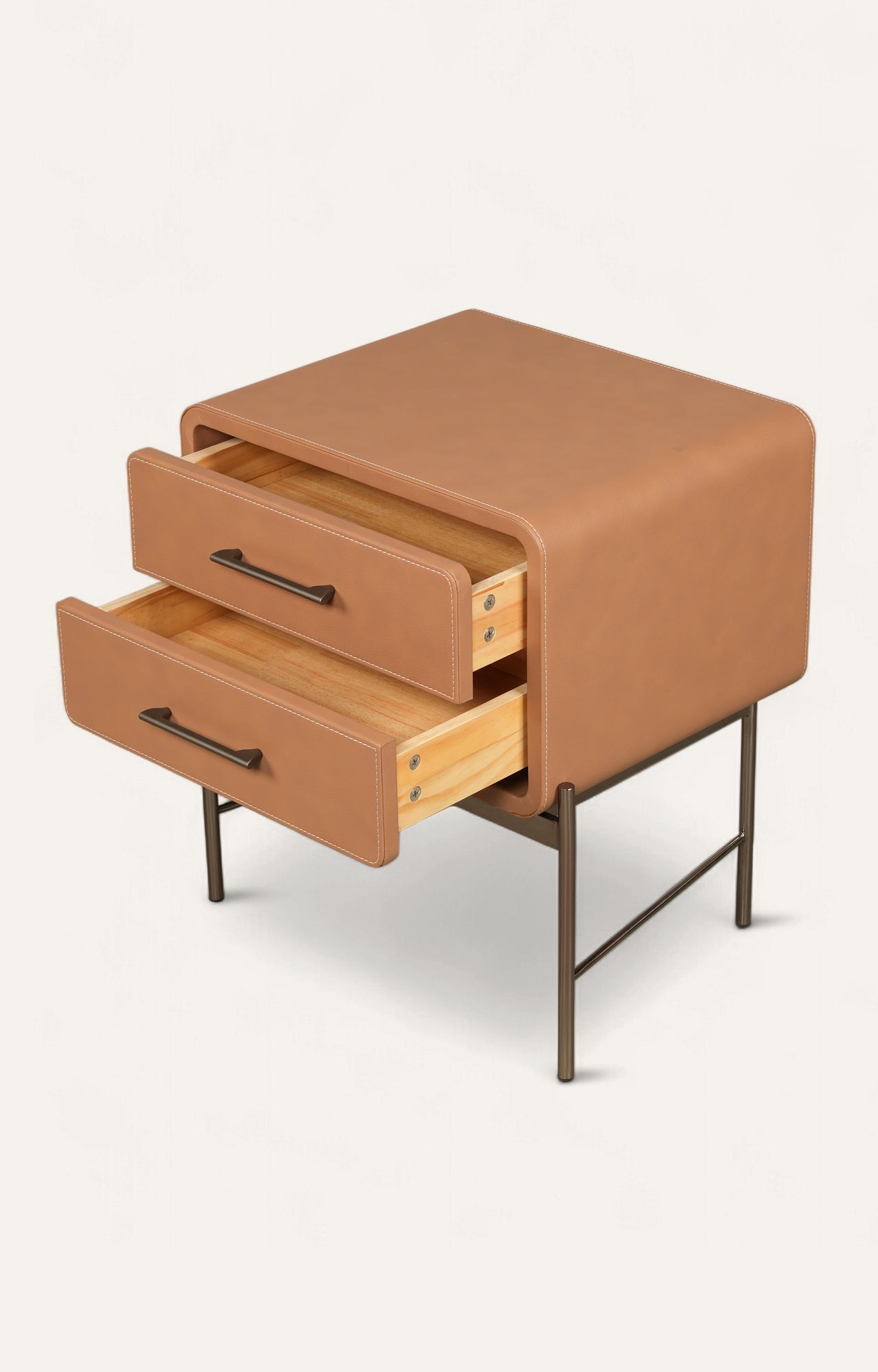 Contemporary Leather-Wrapped Nightstand with Metal Base