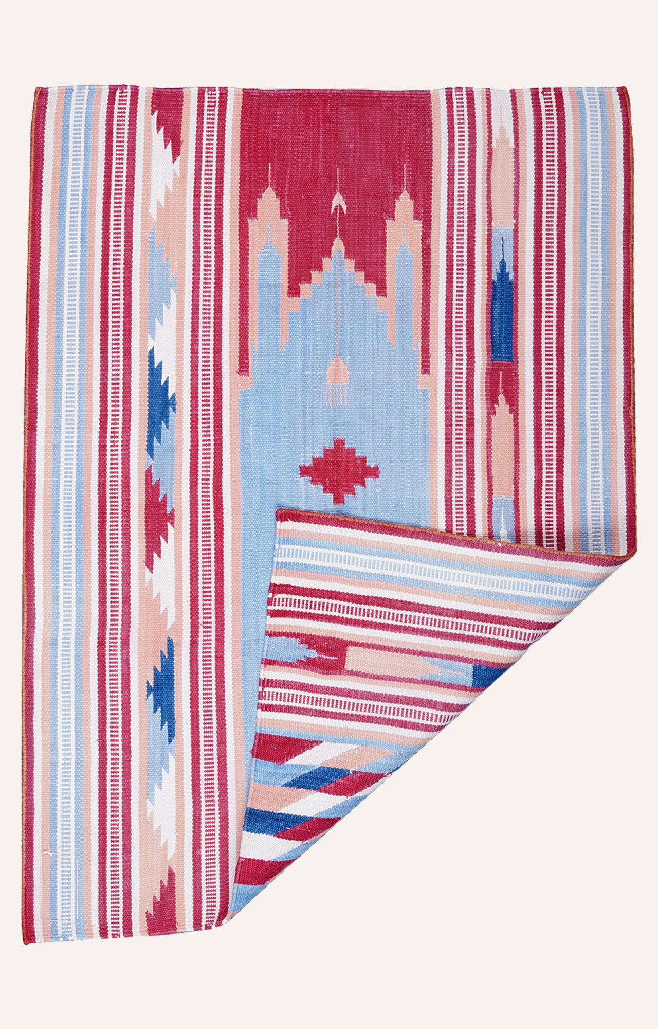 36 x 27 Inches Handwoven Cotton Prayer Rug (Blue And Pink)