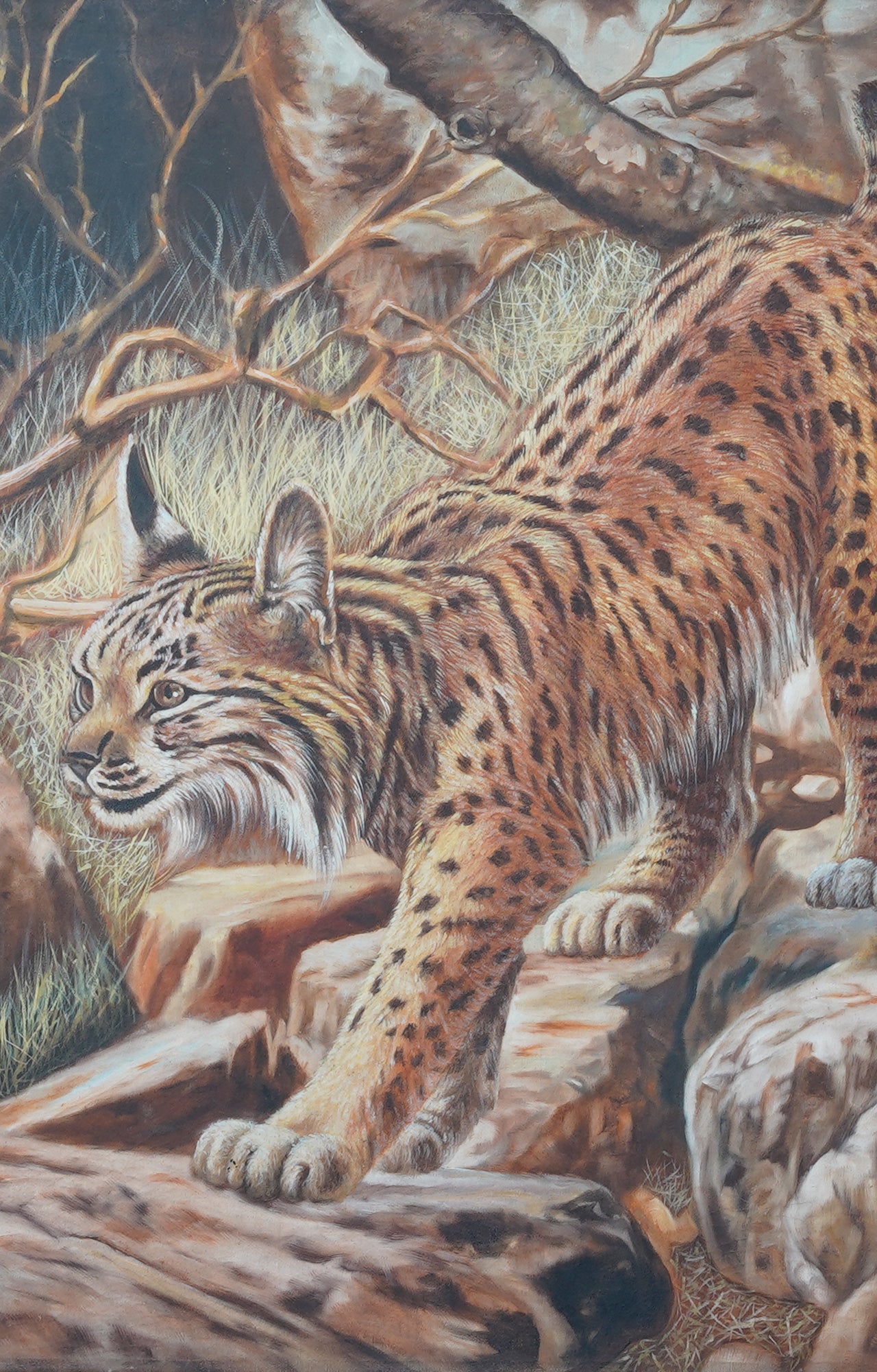 Leopard chasing prey oil painting with antique wooden frame