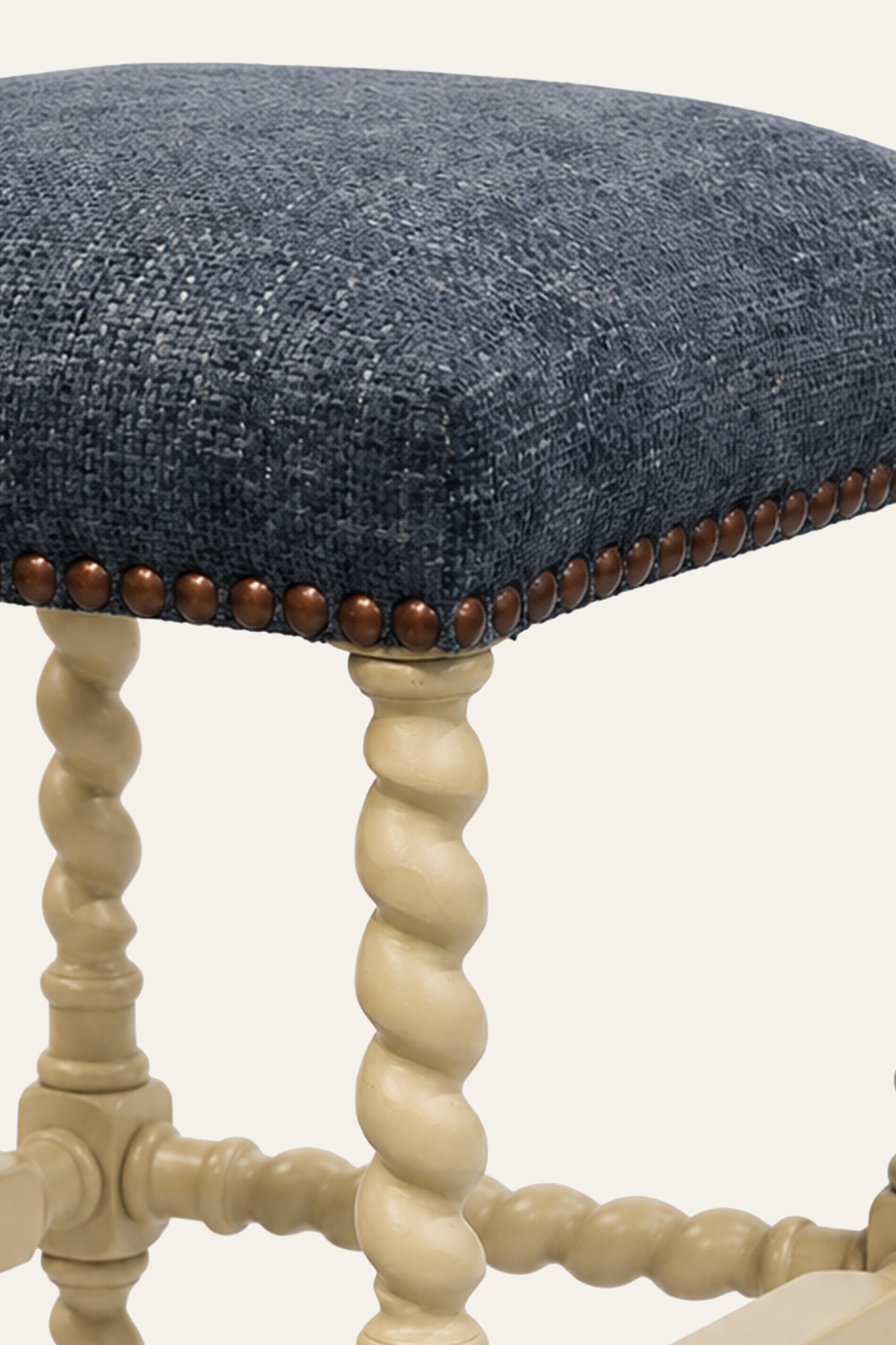 Barley Twist Wooden Stool with Textured Blue Upholstery