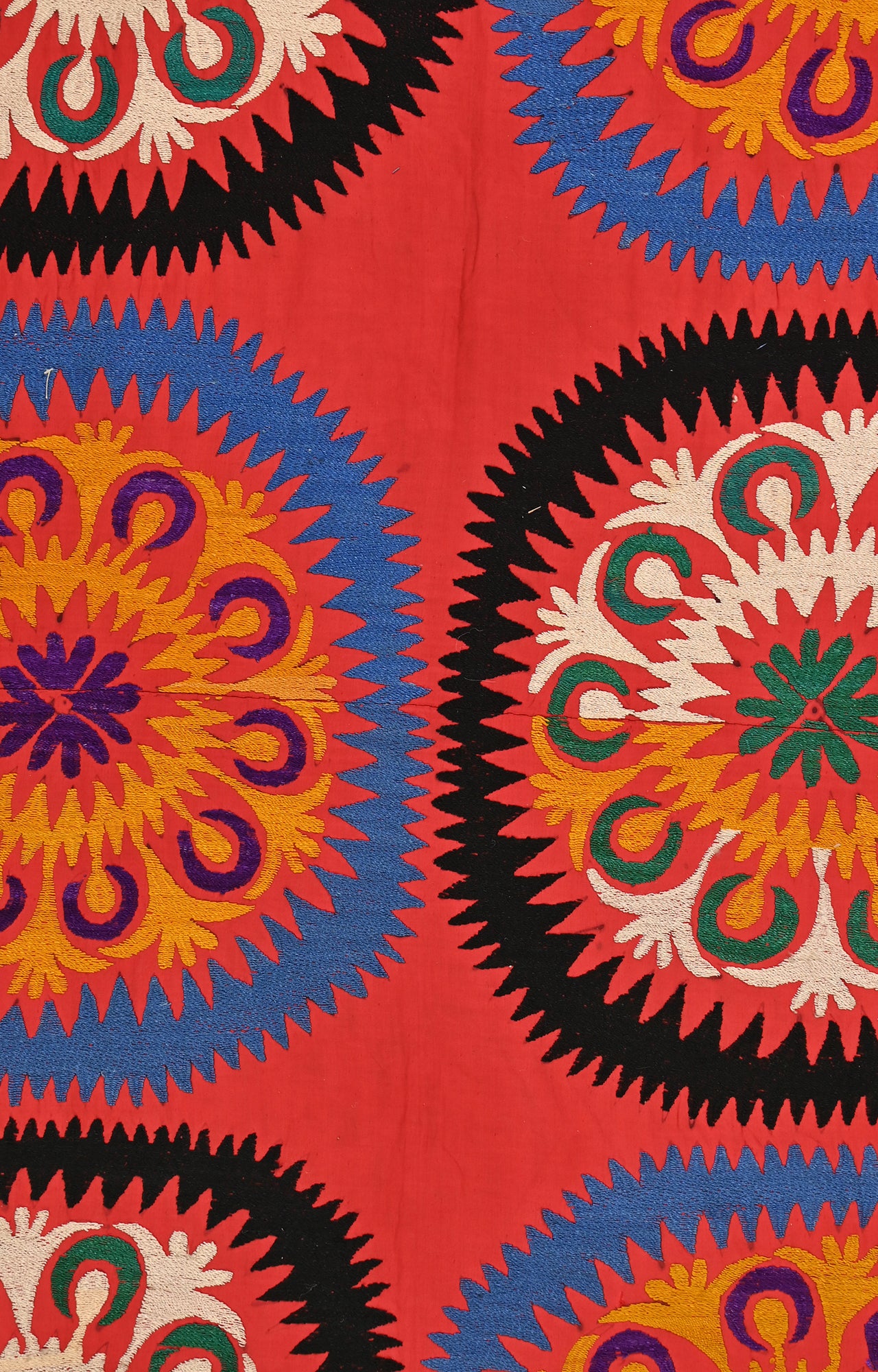 Vintage Central Asian  Silk Hand Embroidered Suzani with Geometric and Floral Embroidery