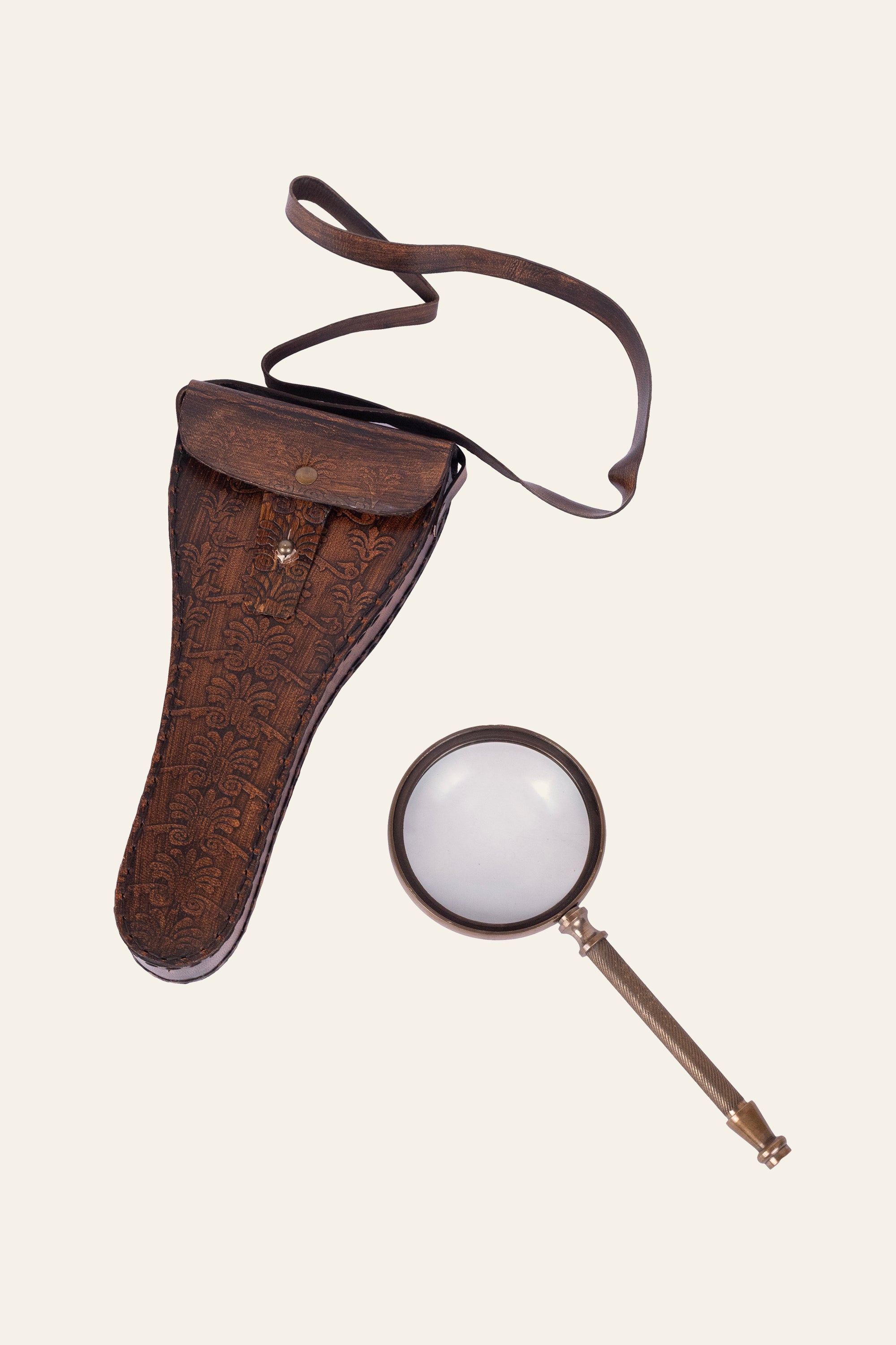 Brass Magnifying Glass with Engraved Leather Case