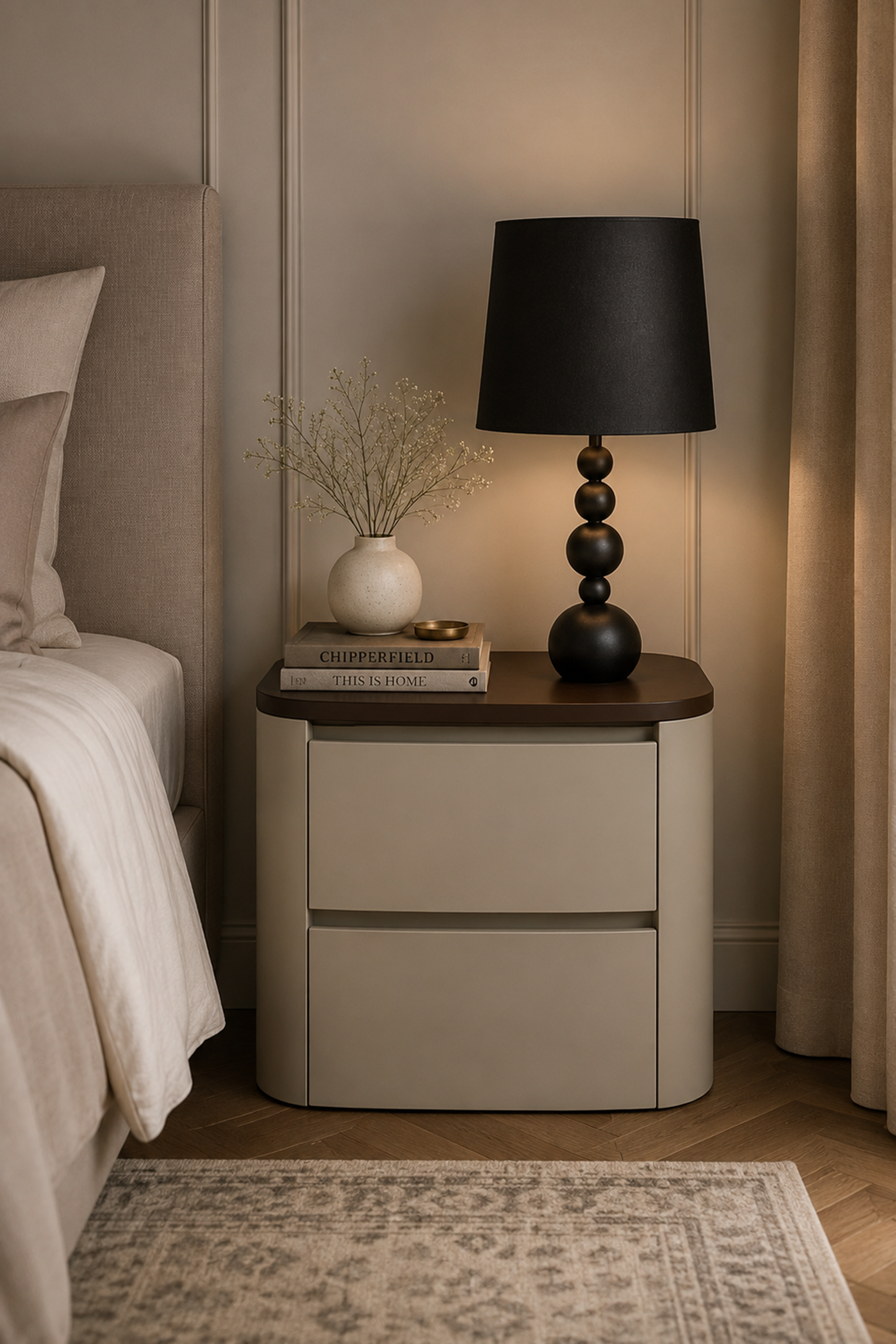 Taupe Leather 2-Drawer Bedside Table in Wood Frame
