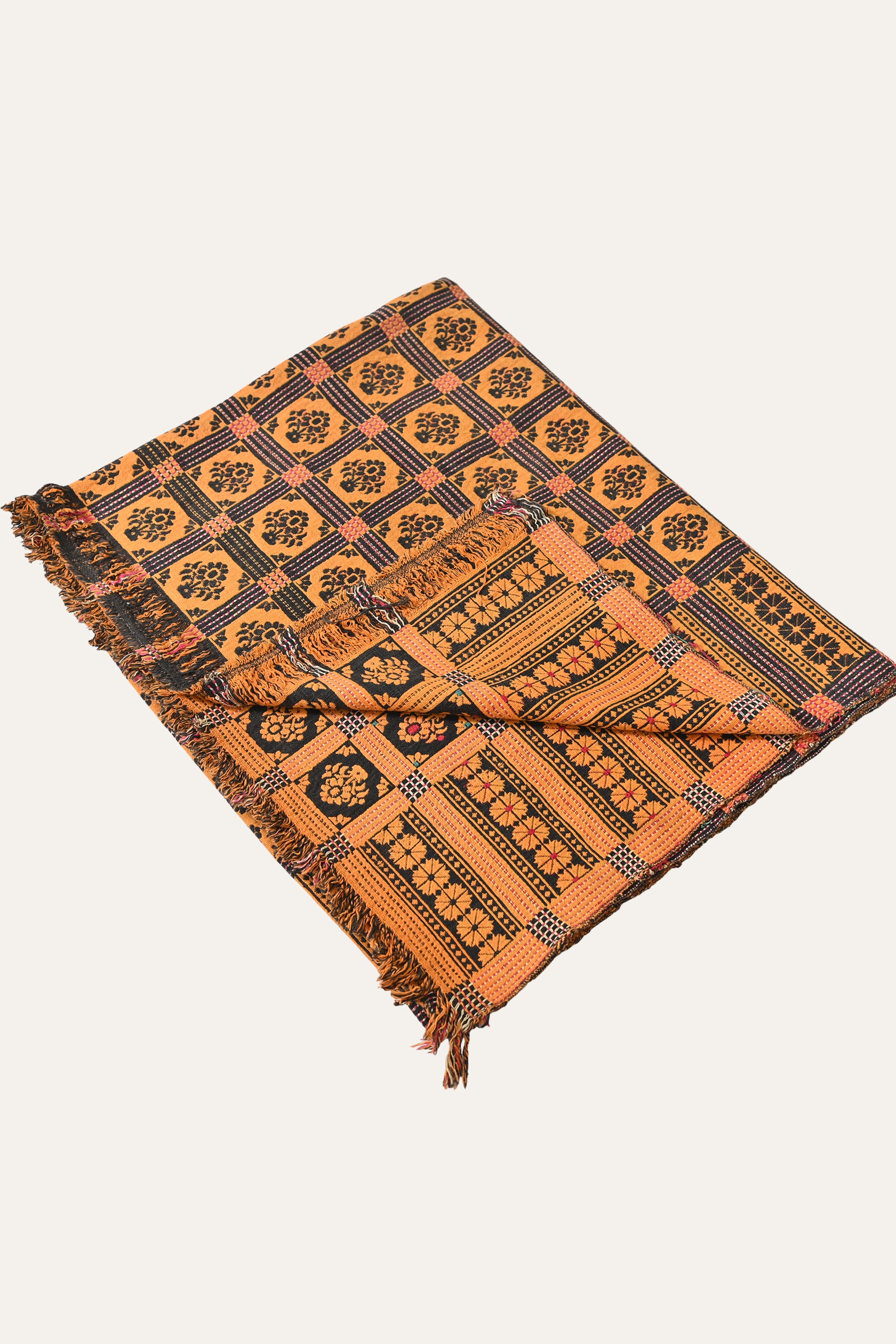 Vintage Terracotta Floral Motif Cotton Khes Blanket with Fringed Ends