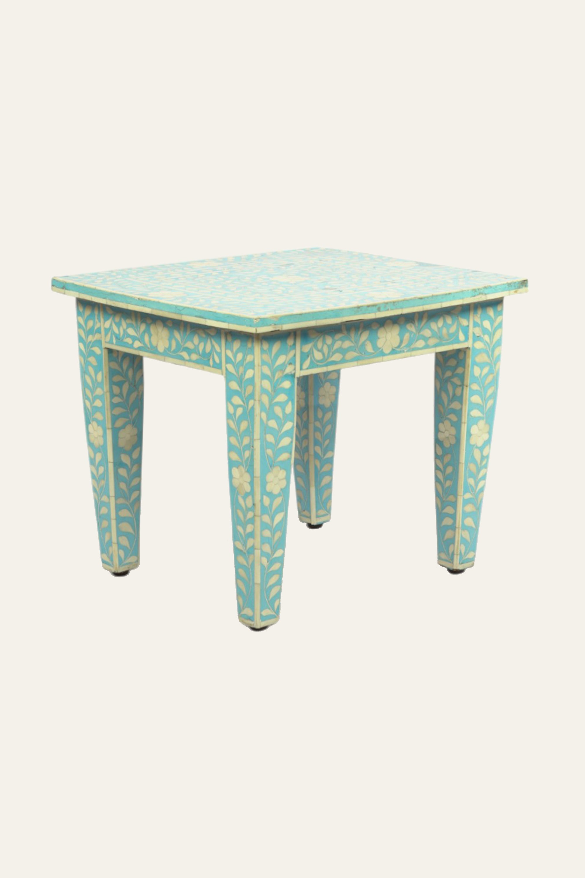 Blue Floral Inlay Wooden Stool for Living Room, Bedroom & Accent Corners