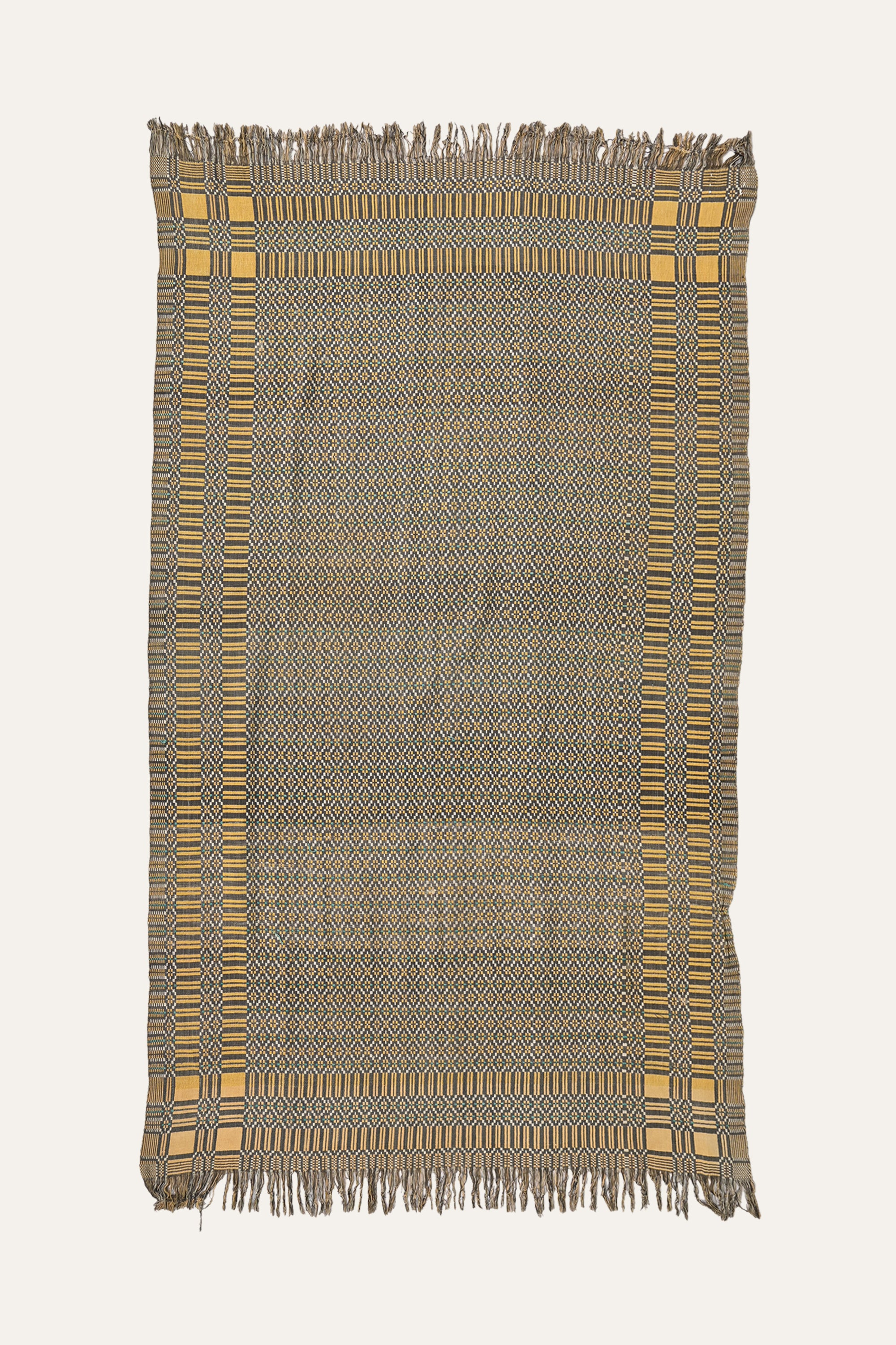 Soft Grey Reversible Khes Throw with Mustard Border & Vintage Fringe