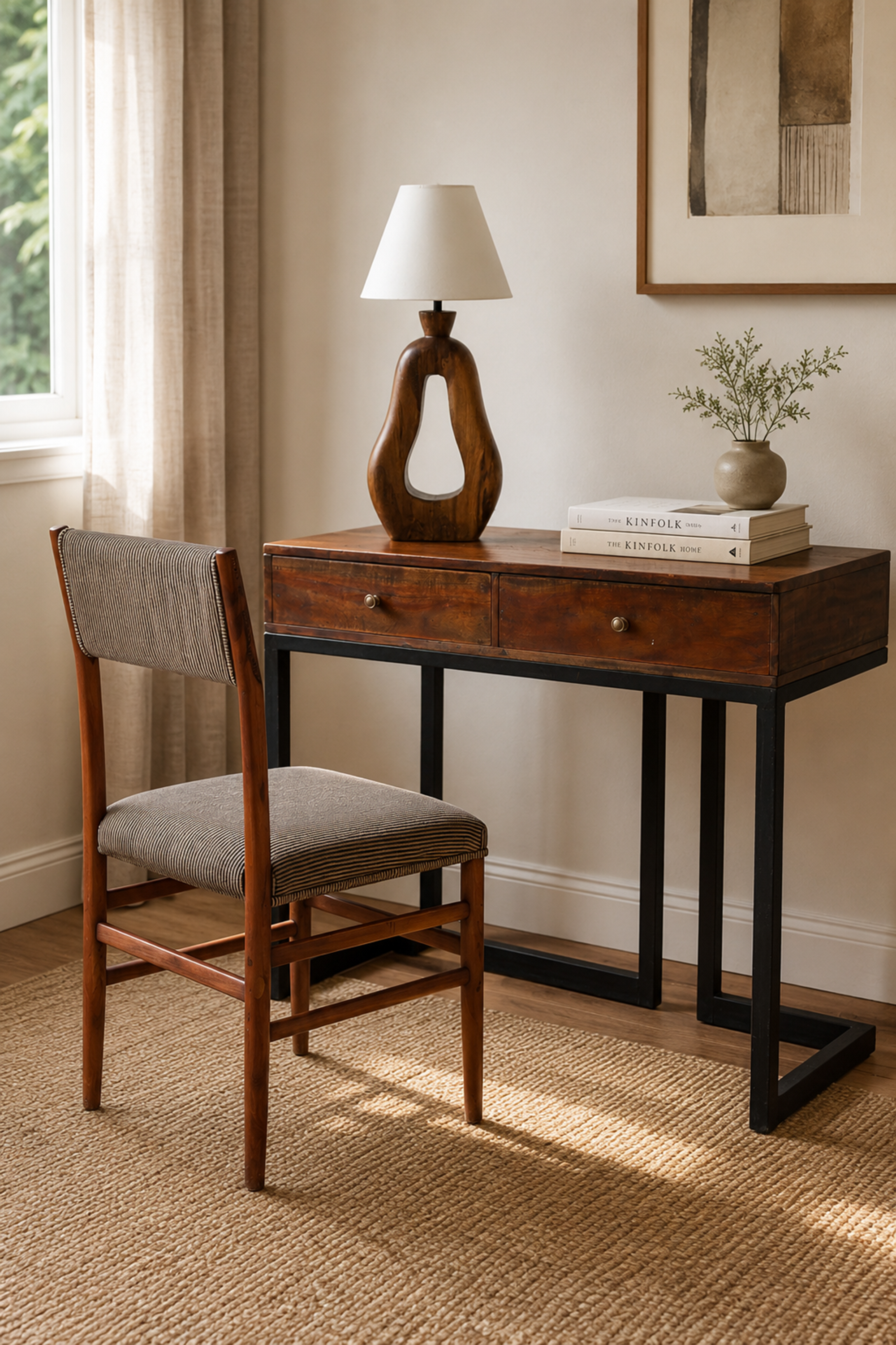 Industrial Wood Study Table with Storage Drawers and Metal Base