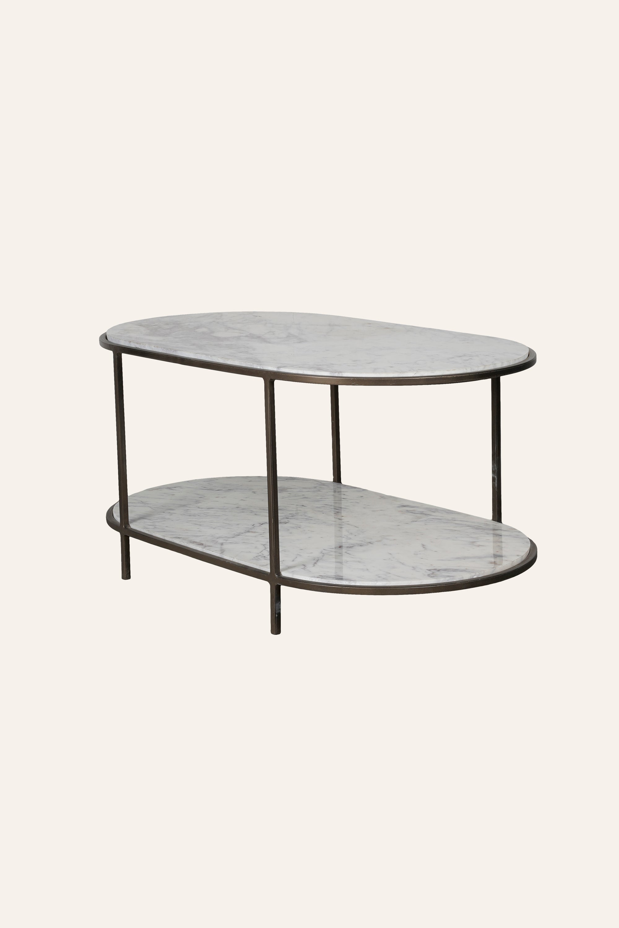 Oval Two-Tier Marble Coffee Table with Metal Frame
