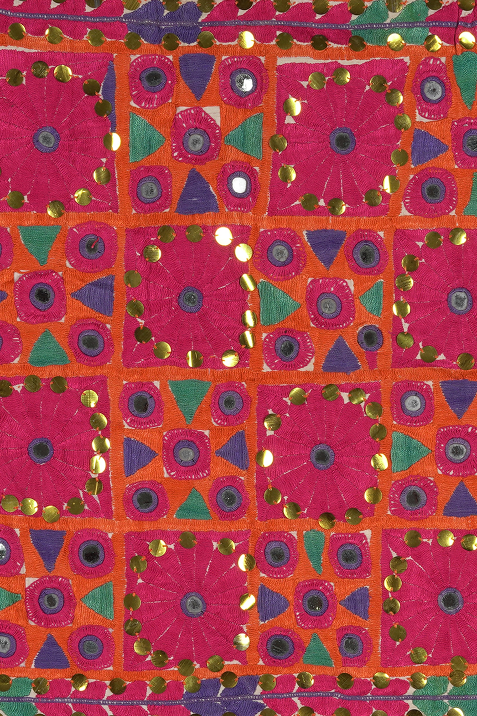 Magenta Mirror Work Gujarati Textile Wall Tapestry