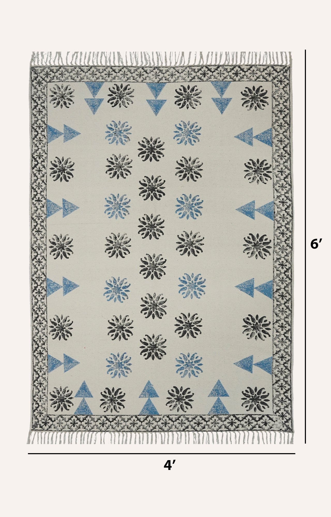 Handwoven Block Printed Area Rug with Blue Triangles and Organic Design