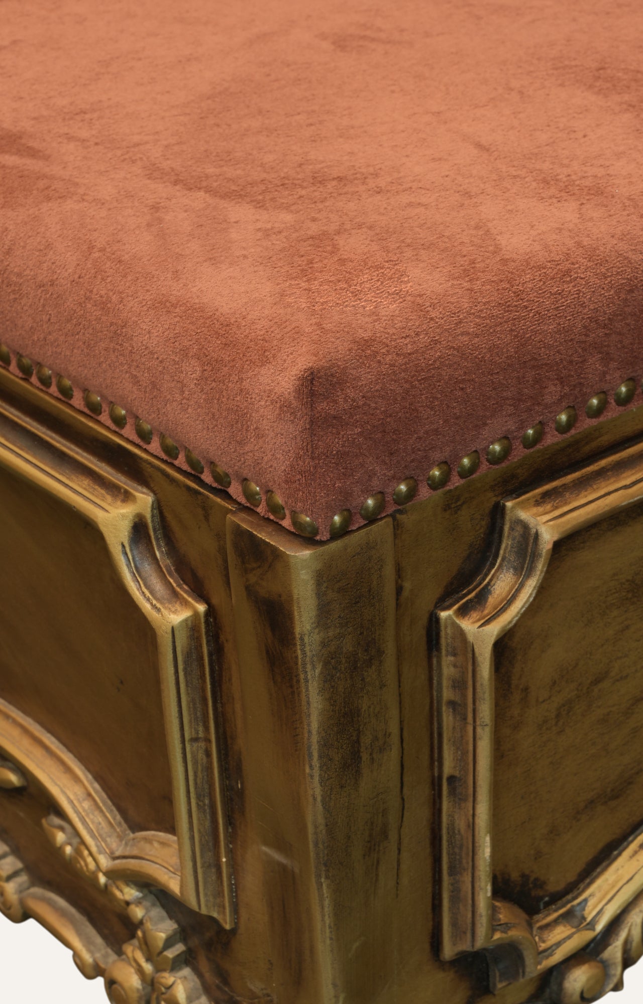 Gold Carved Storage Bench with Velvet Upholstered Seat