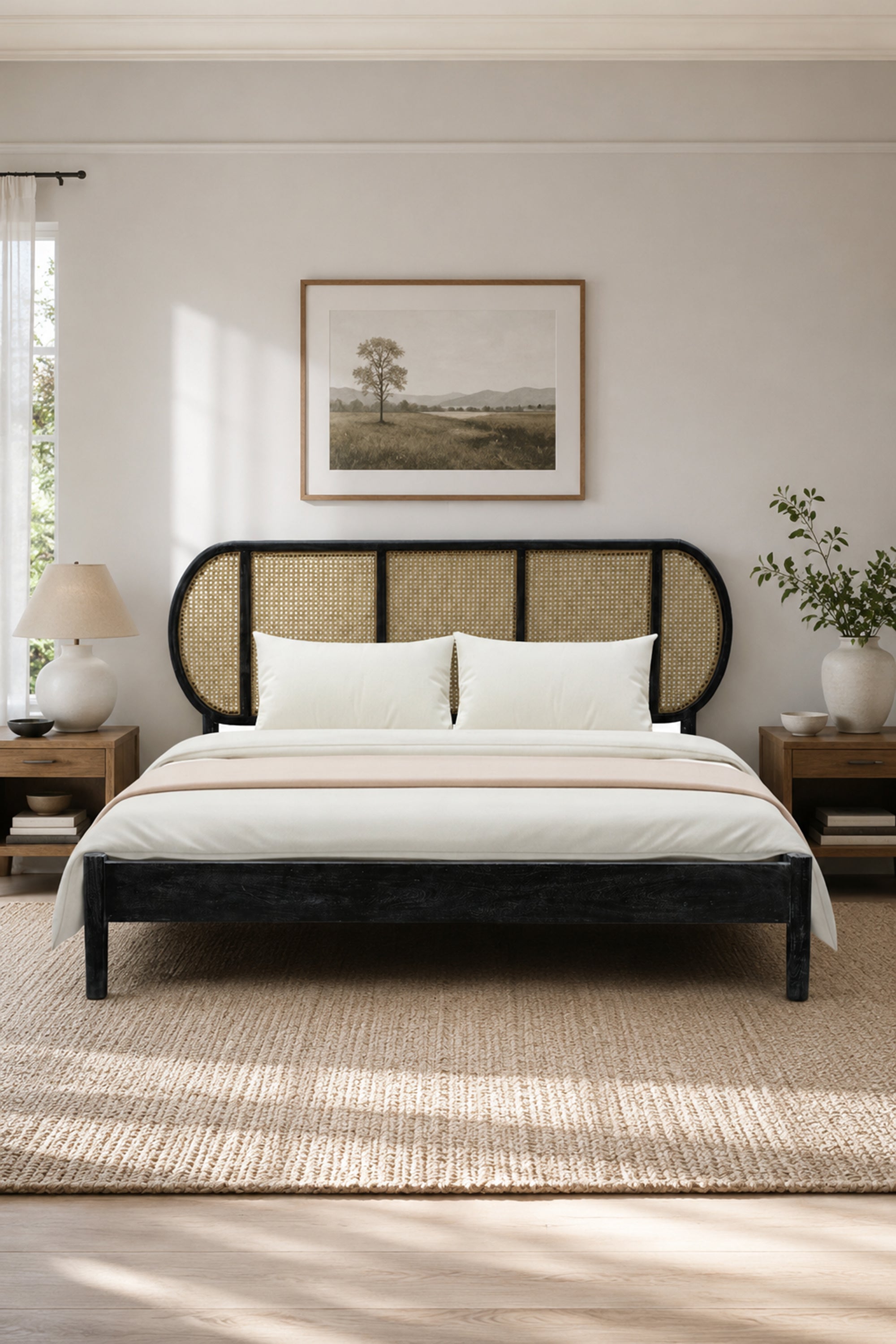 Modern Cane Panel Acacia Wood Bed in Black