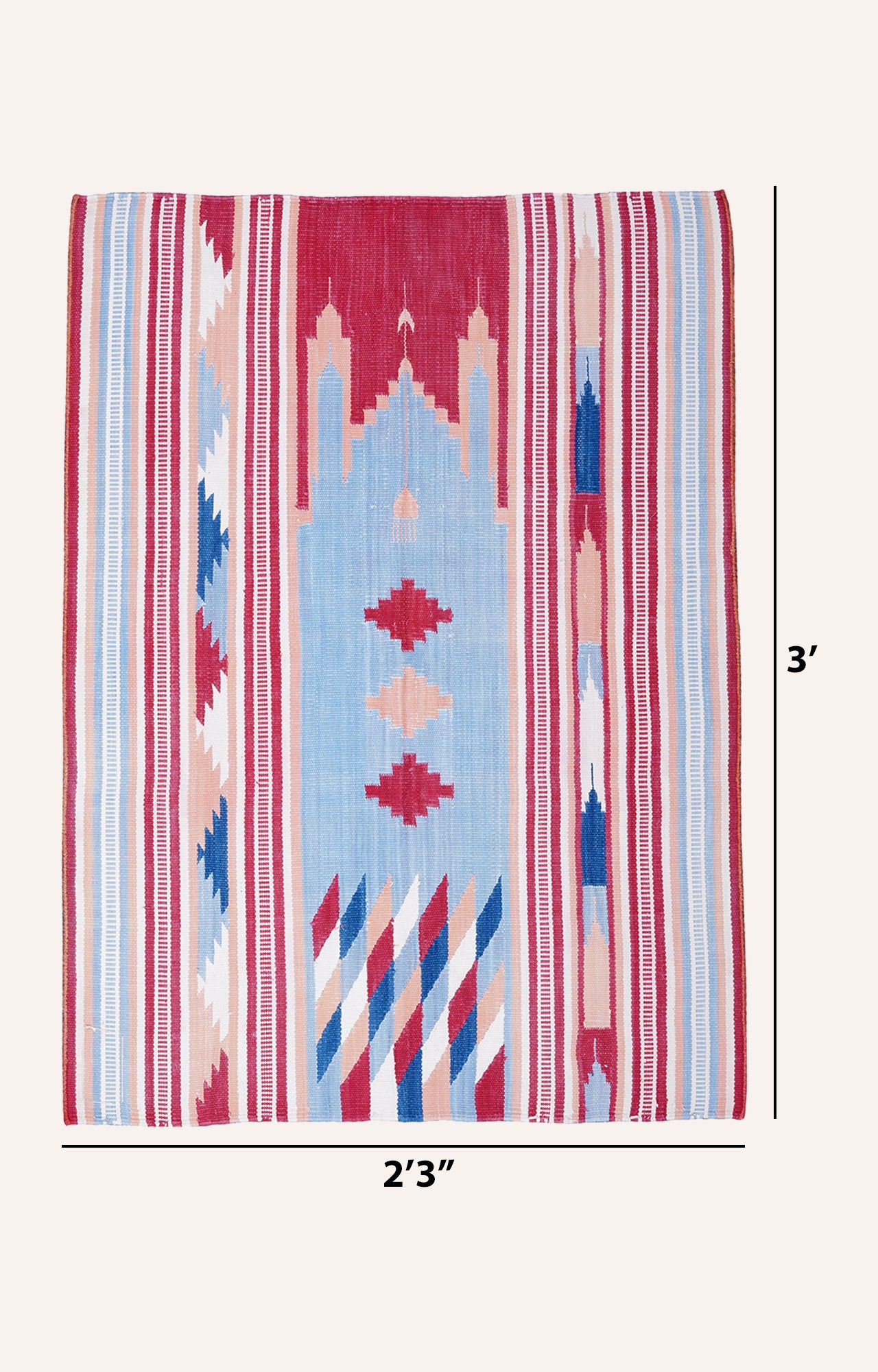 36 x 27 Inches Handwoven Cotton Prayer Rug (Blue And Pink)