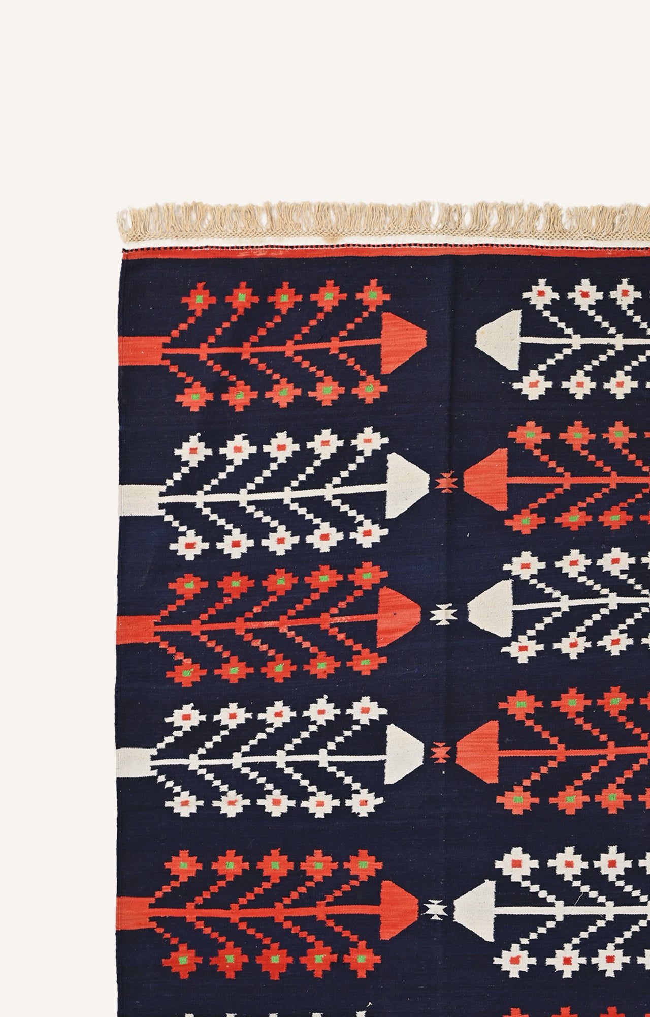 Orange and White Motifs on a Blue Cotton Durrie