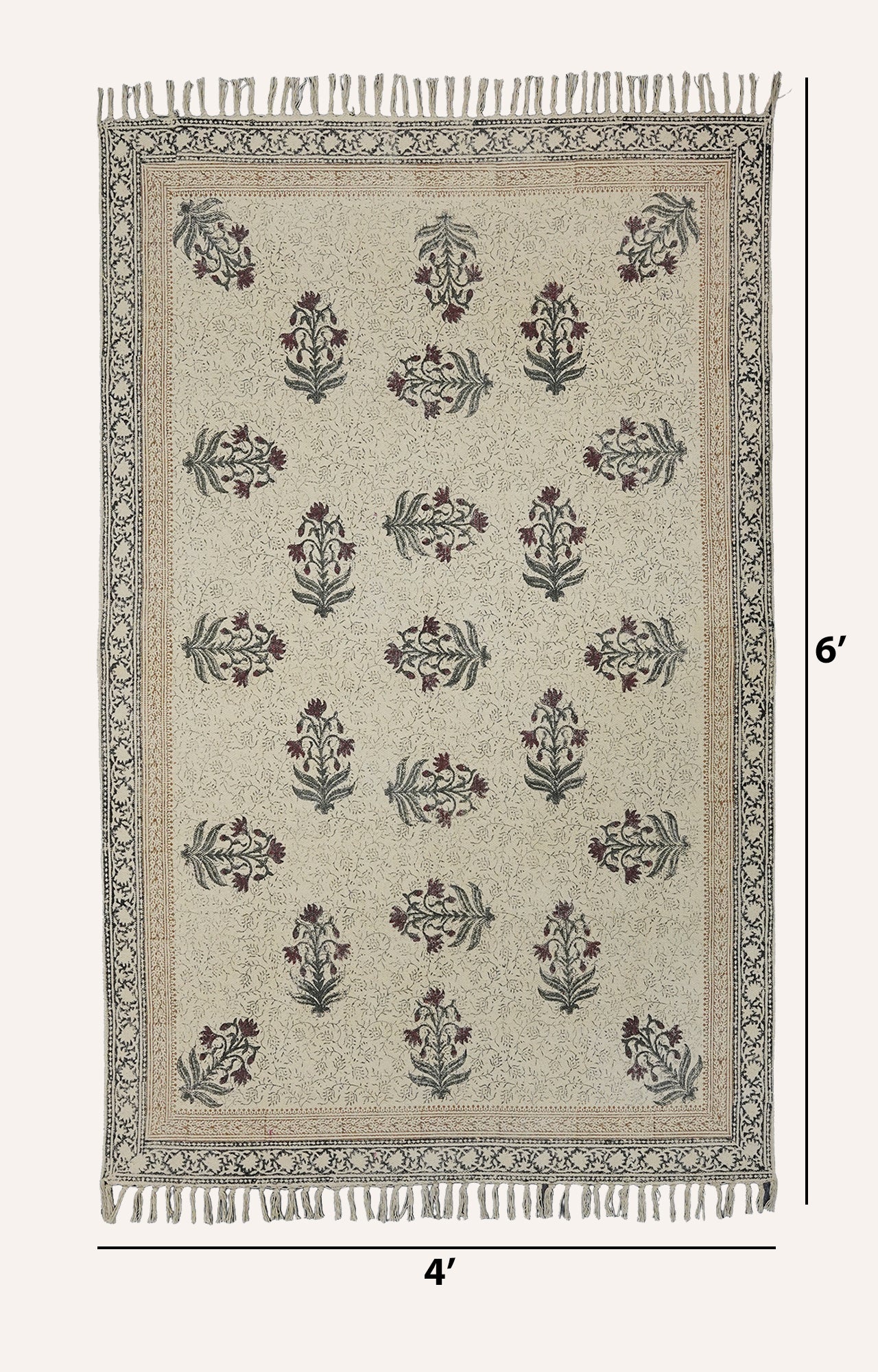 Crimson Bloom Hand Blockprinted Dhurrie Rug