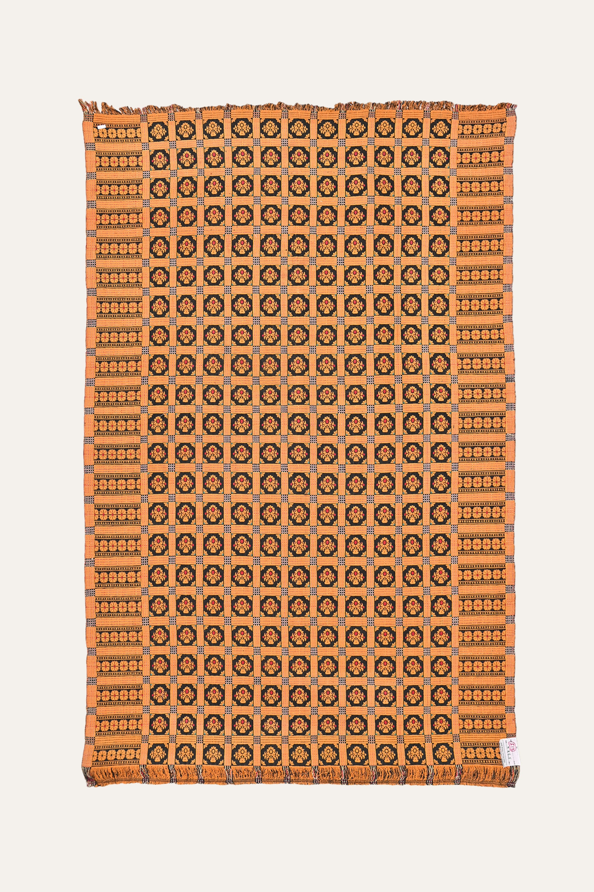 Vintage Terracotta Floral Motif Cotton Khes Blanket with Fringed Ends