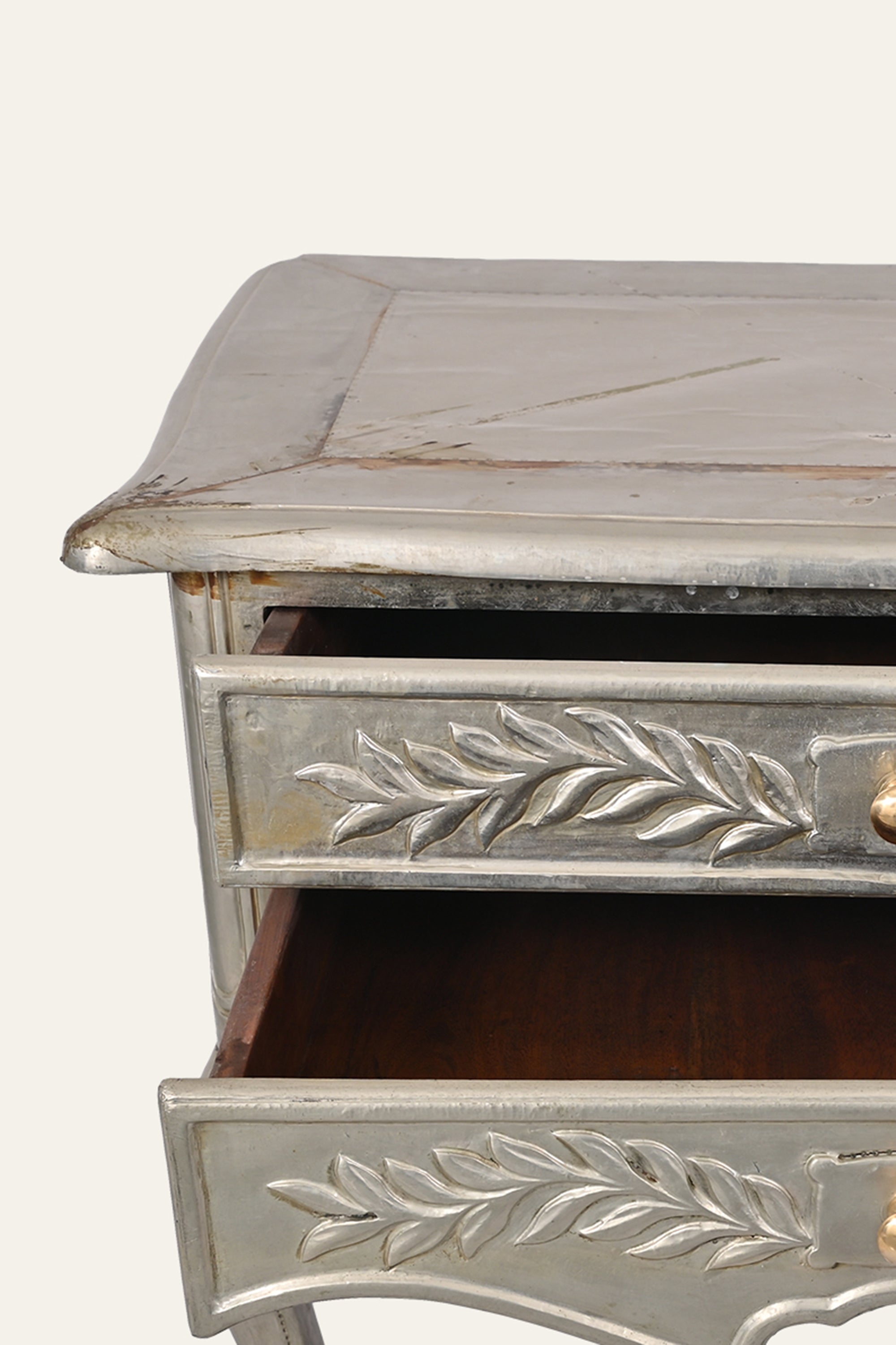 French Style White Metal Embossed 2-Drawer Chest of Drawers