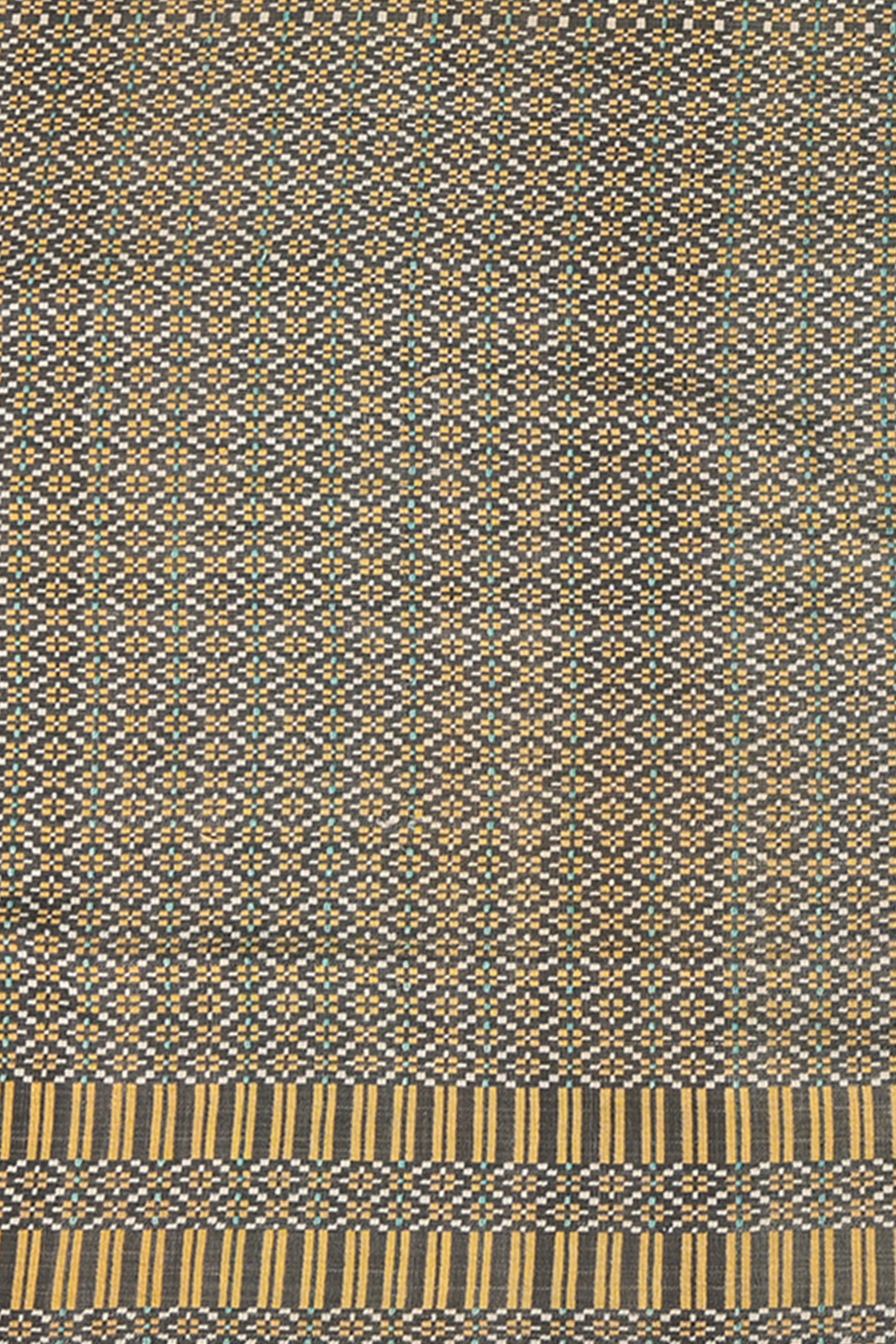 Soft Grey Reversible Khes Throw with Mustard Border & Vintage Fringe