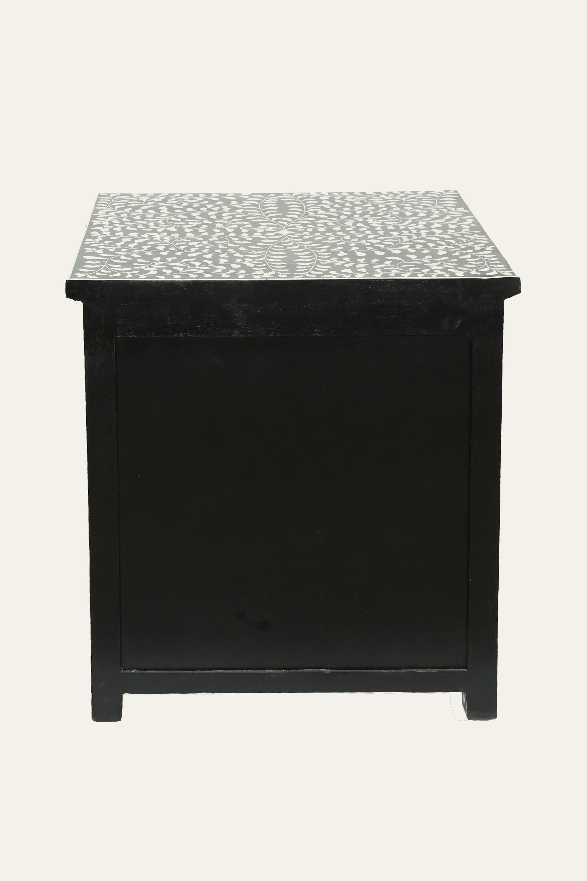 Black Bone Inlay Floral Bedside Table with Open Shelf