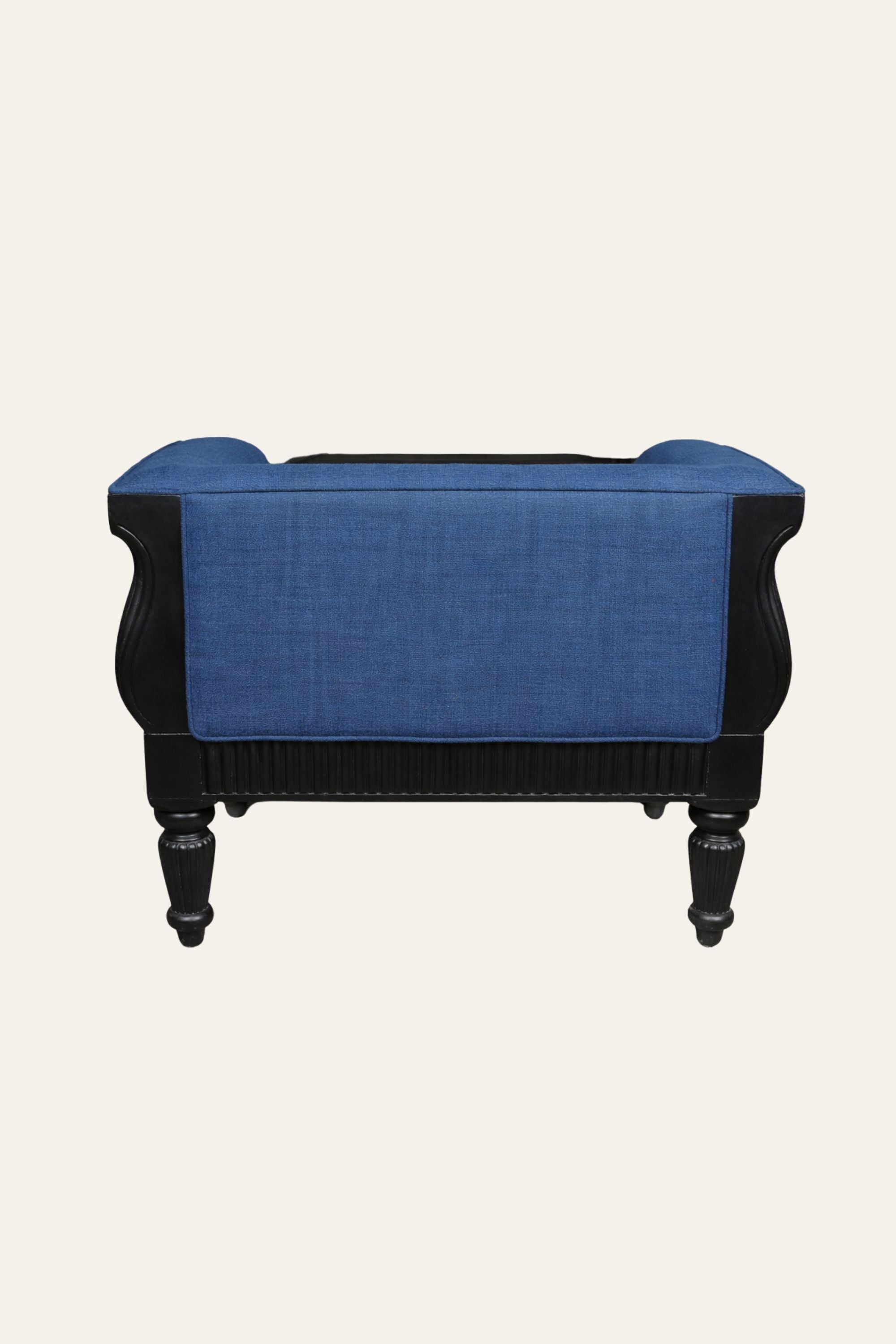 Blue Barrel Armchair with Black Carved Wood Frame