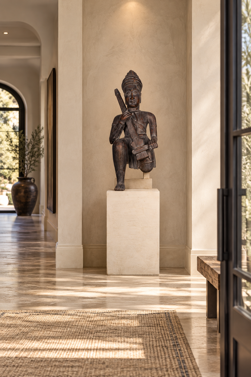 Seated Indian String Musician Sculpture with Aged Patina