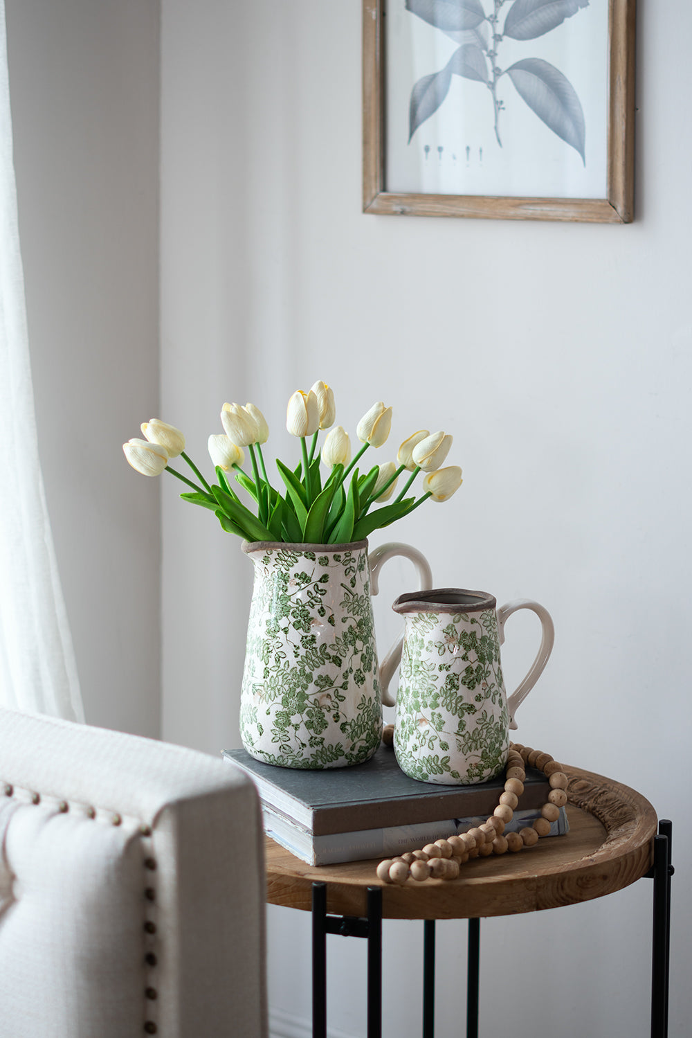 Green Floral Ceramic Pitcher – Decorative Flower Jug Vase