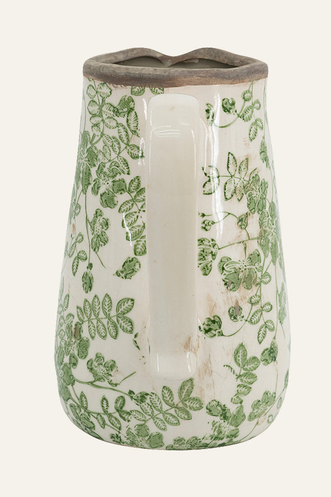 Green Floral Ceramic Pitcher – Decorative Flower Jug Vase