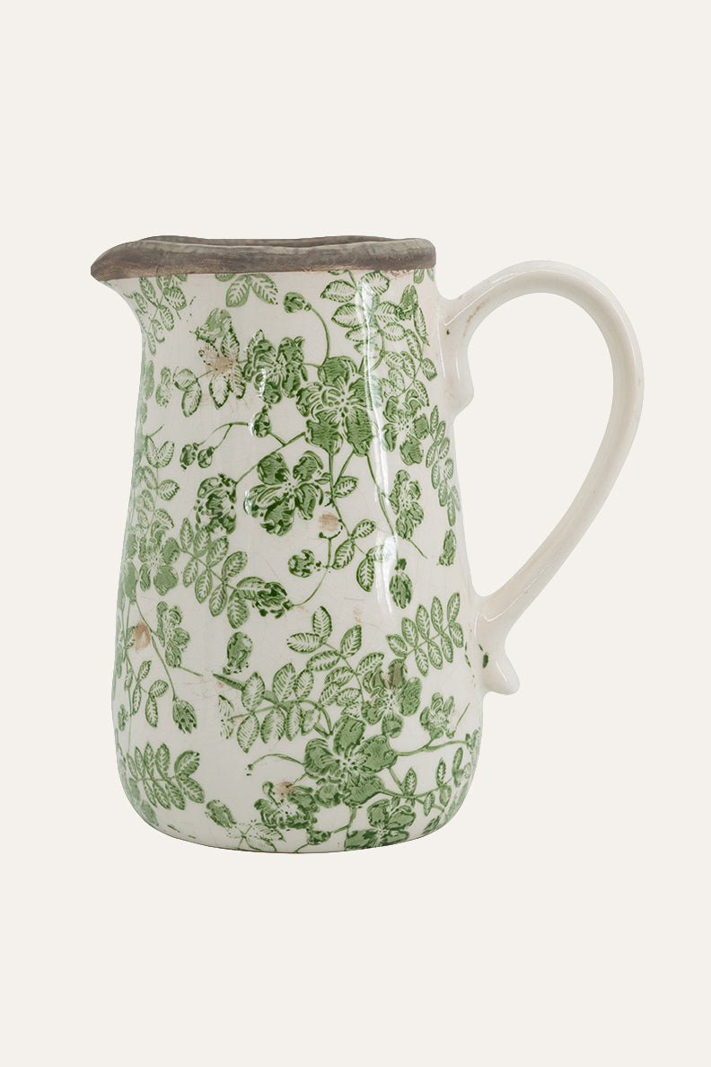 Green Floral Ceramic Pitcher – Decorative Flower Jug Vase