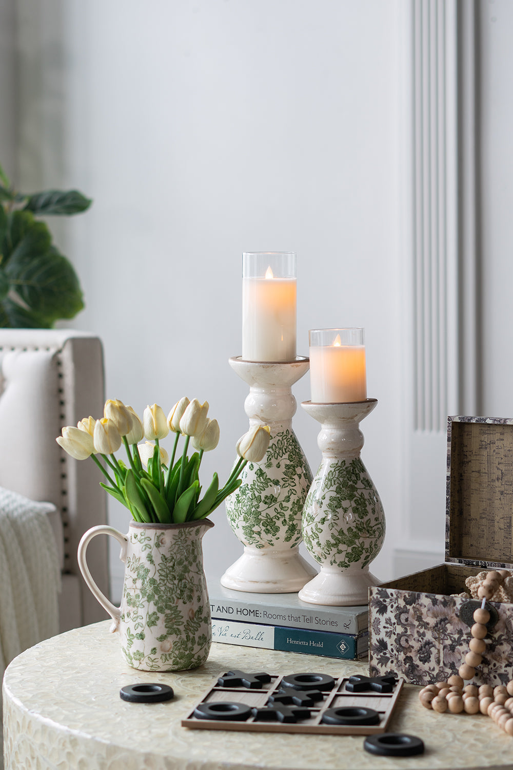 White Ceramic Botanical Pattern Candle Holder