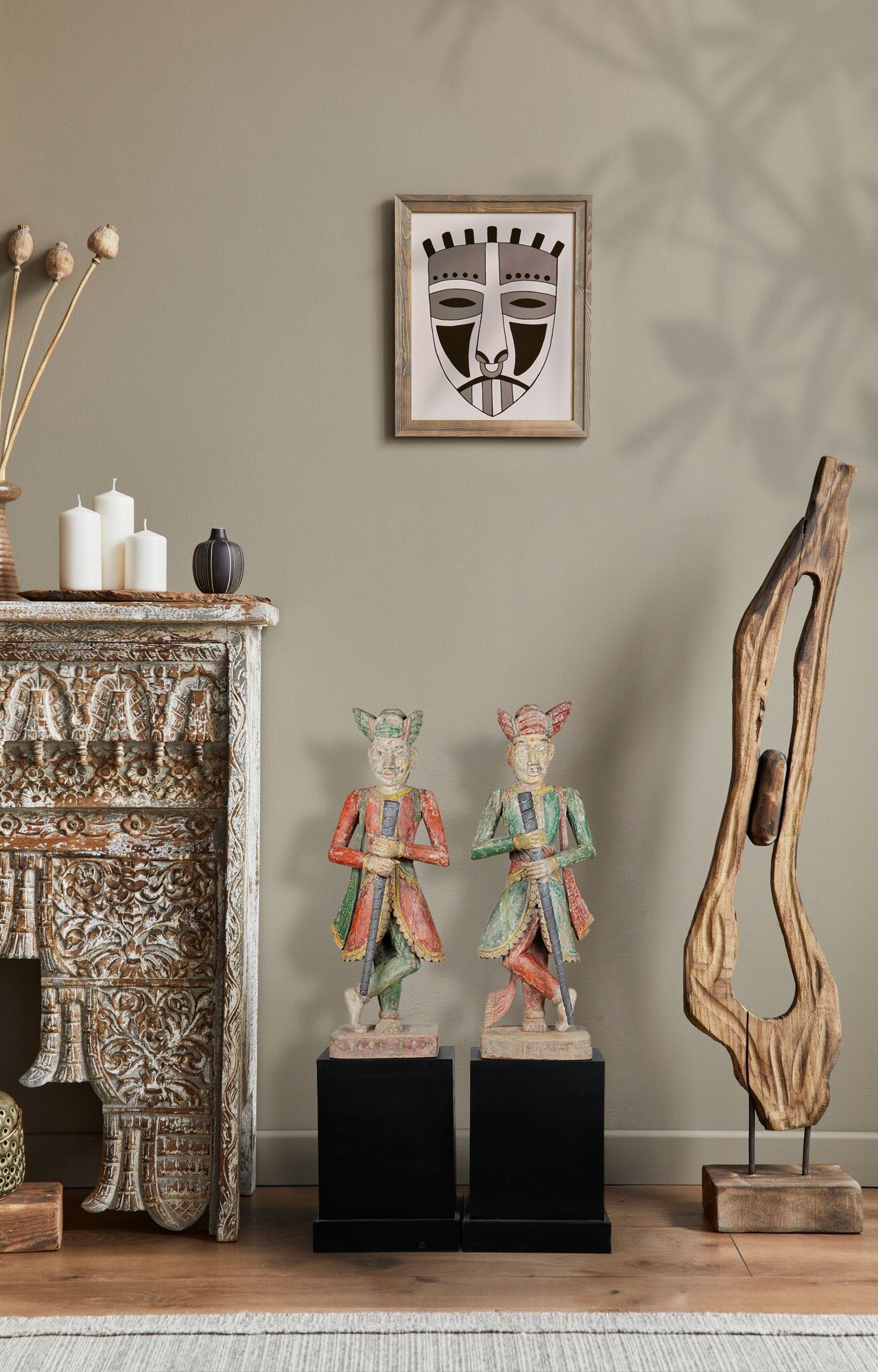 Pair of Traditional Wooden Dwarpal Statues