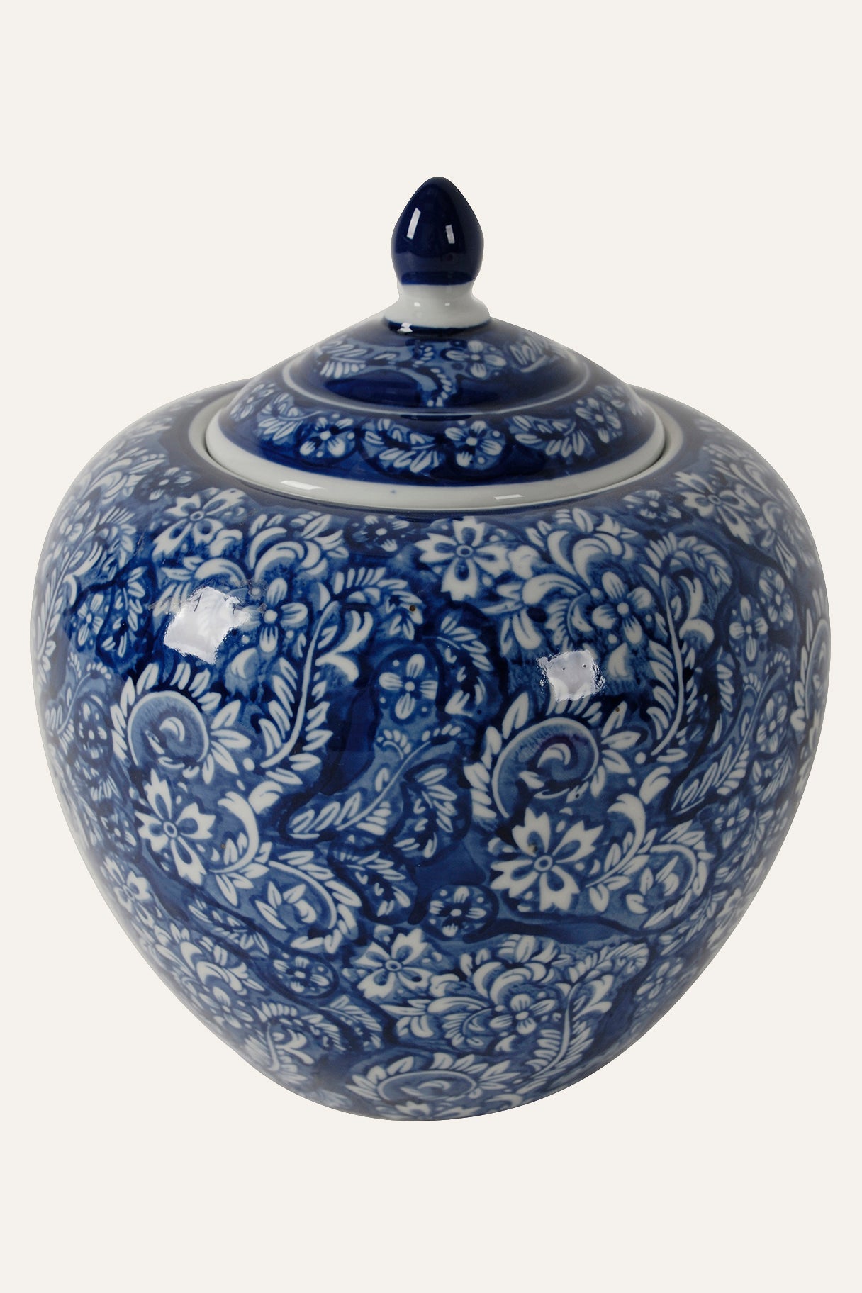 Blue & White Floral Porcelain Ginger Jar with Lid