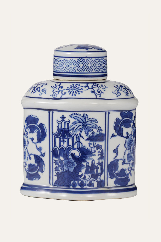Emperor Blue & White Oval Porcelain Jar with Lid – Chinoiserie Decor