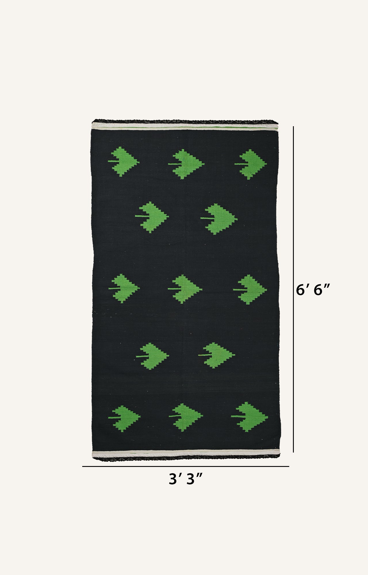 Handwoven Black rug with green spade motifs