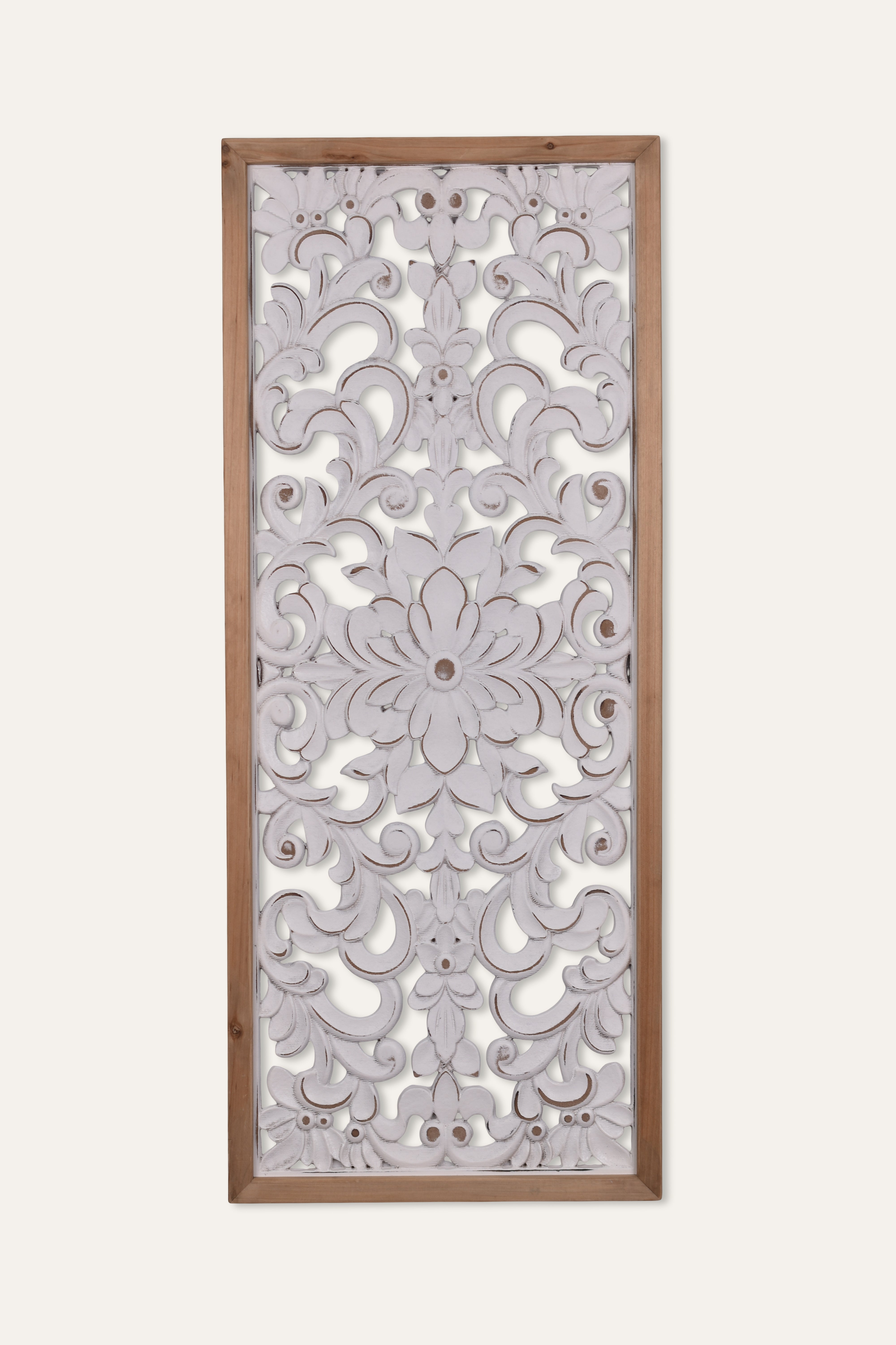 White Distressed Floral Carved Wooden Wall Panel