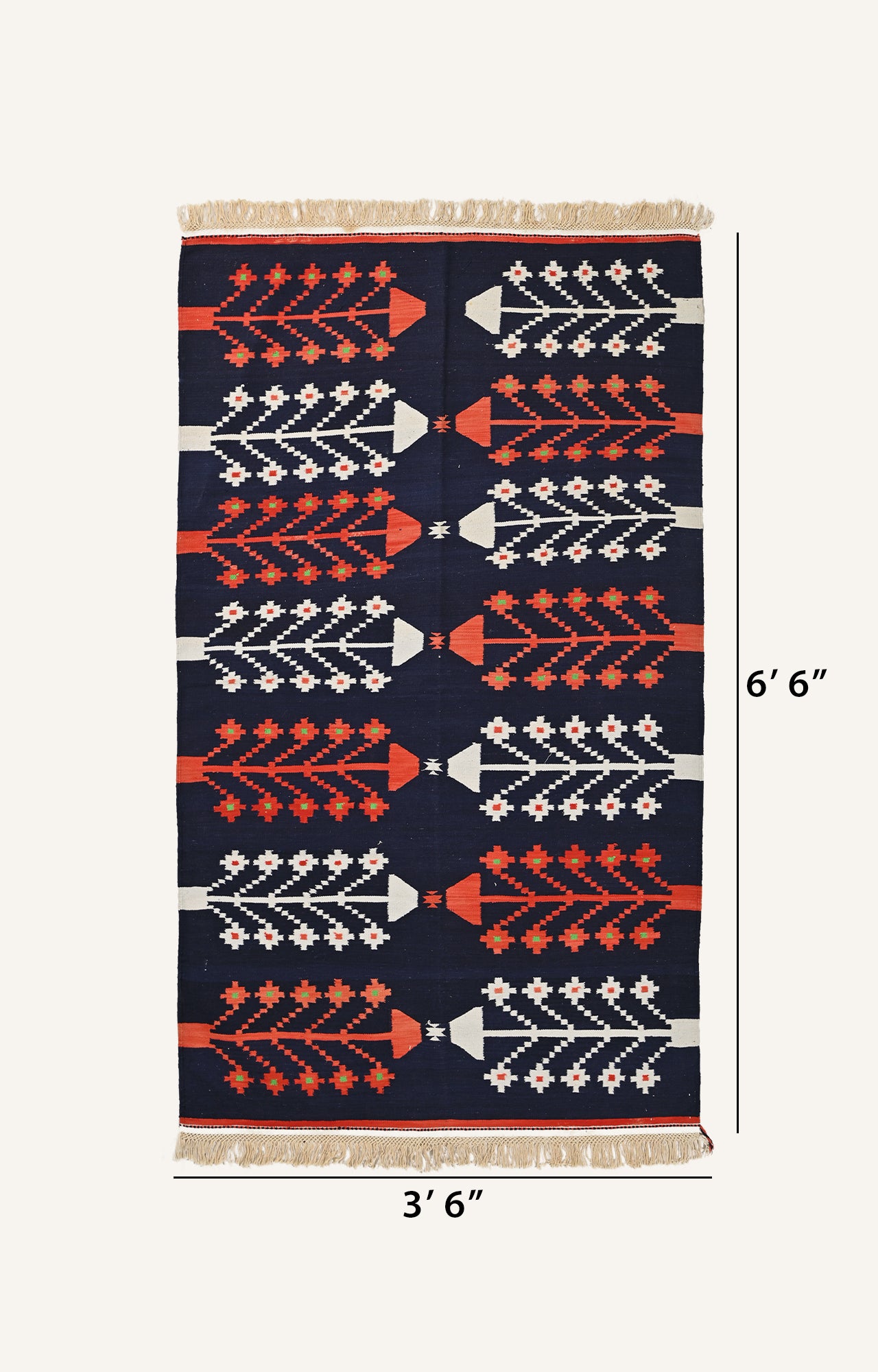 Orange and White Motifs on a Blue Cotton Durrie