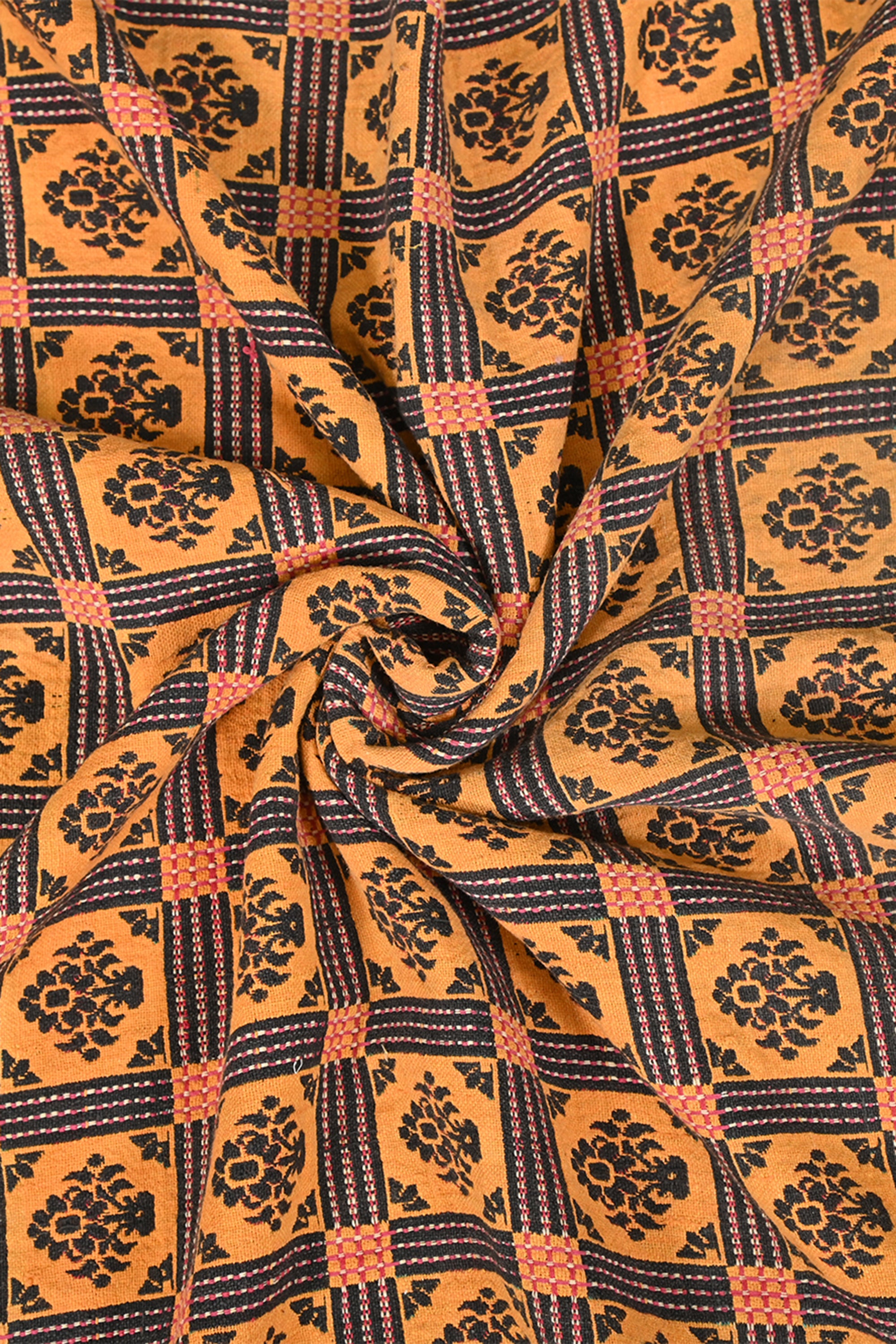 Vintage Terracotta Floral Motif Cotton Khes Blanket with Fringed Ends