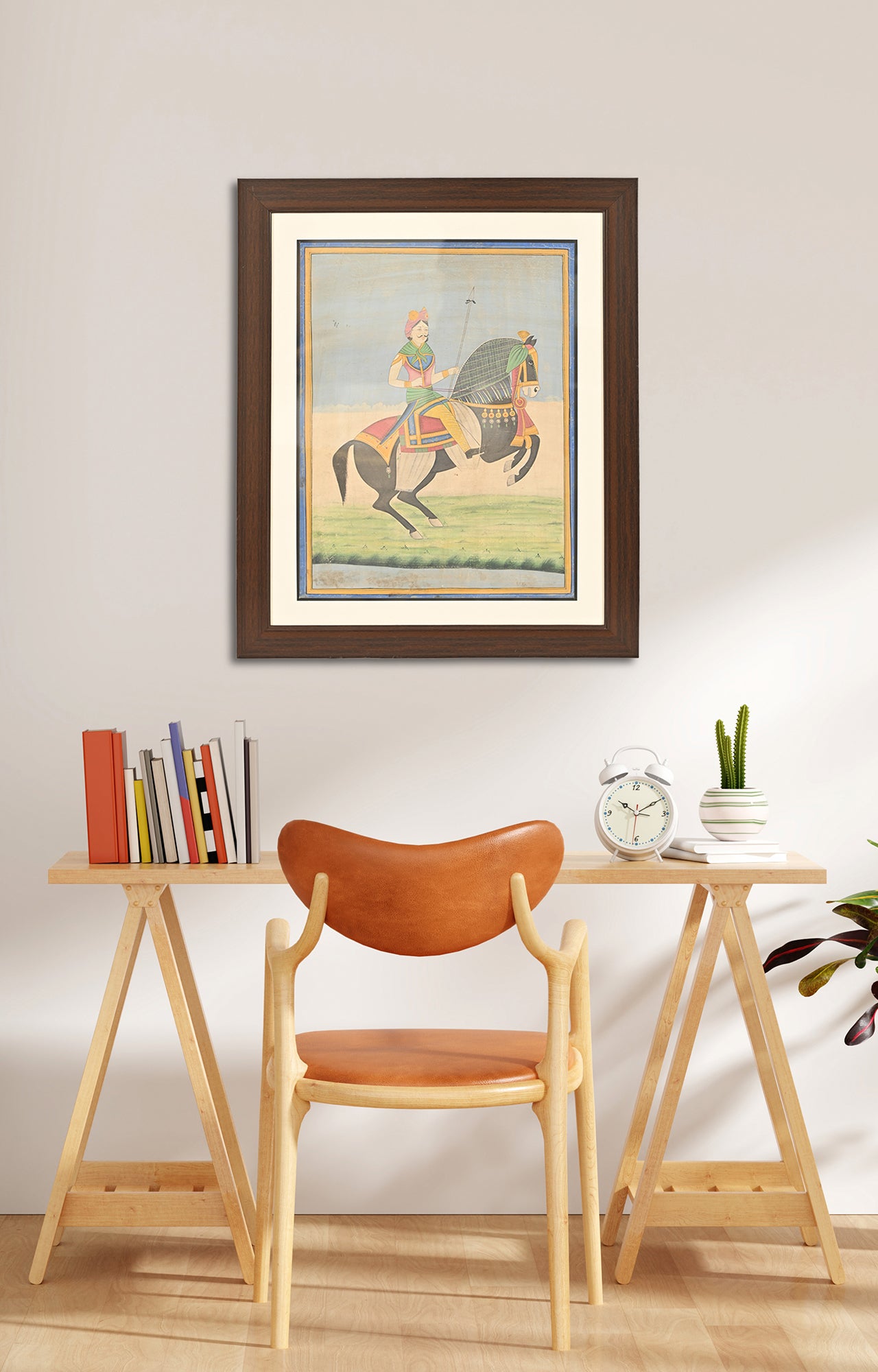 Framed Watercolor Painting : Mughal Emperor on Horse.