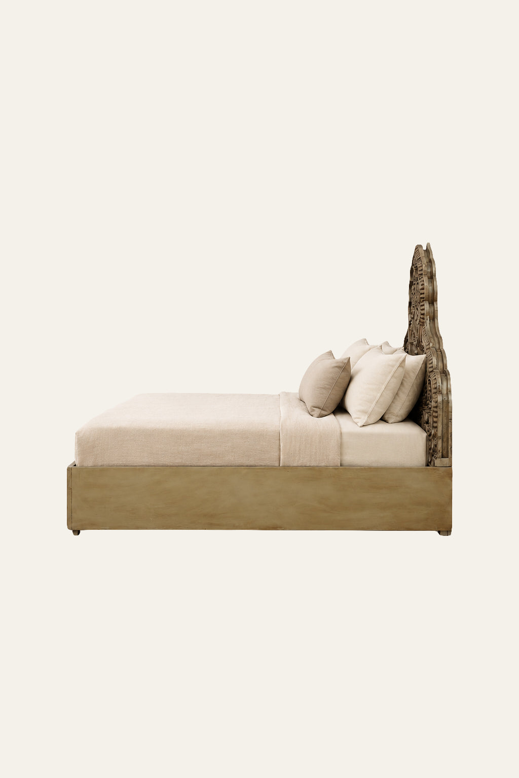 Carved Floral Motif Wooden Double Bed