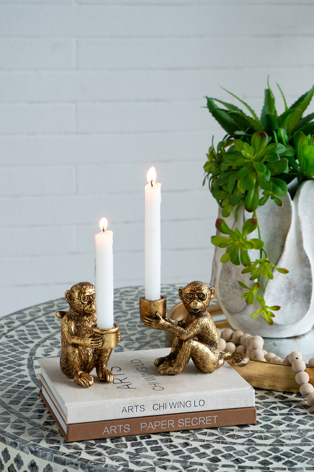 Monkey Figurine Gold Metal Candle Holder with Detailed Textures