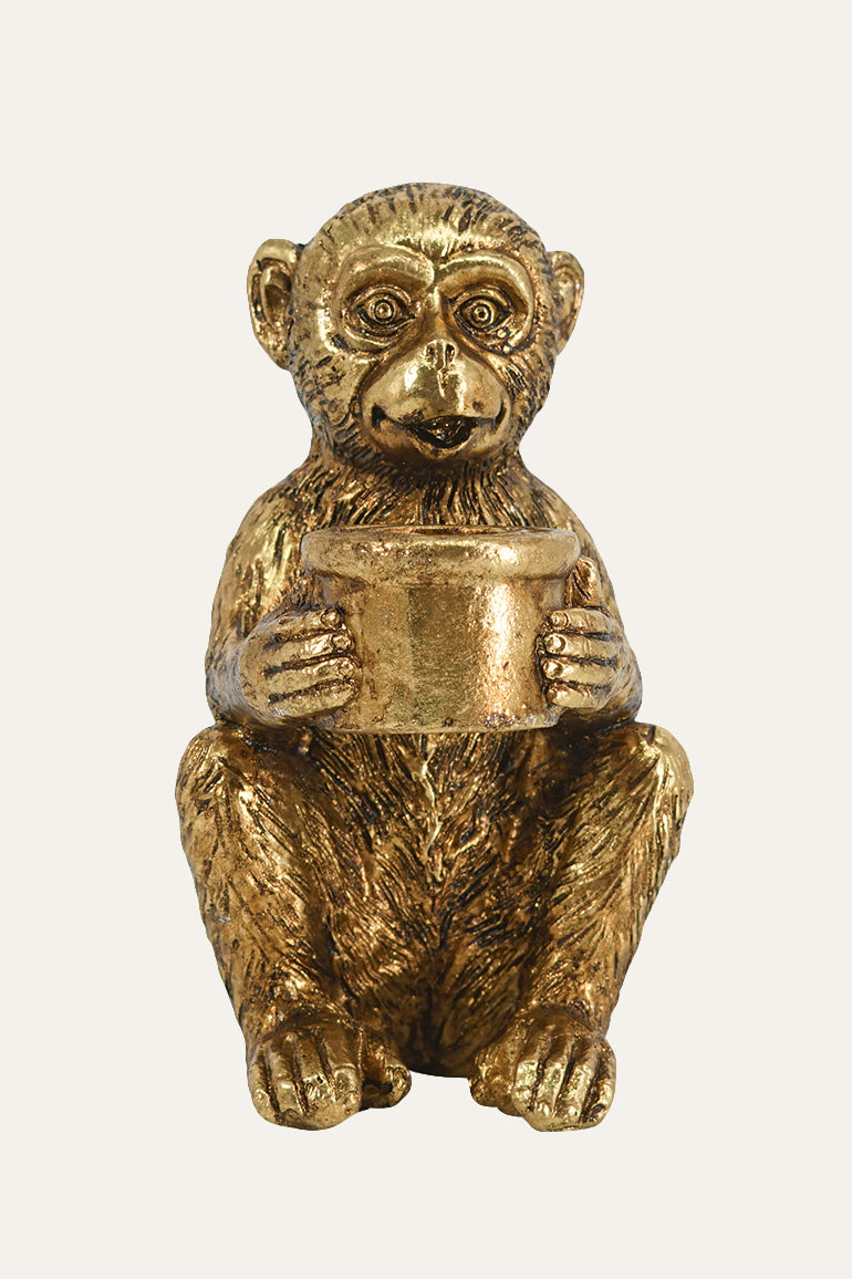 Monkey Figurine Gold Metal Candle Holder with Detailed Textures