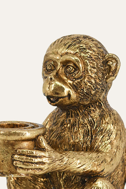 Monkey Figurine Gold Metal Candle Holder with Detailed Textures