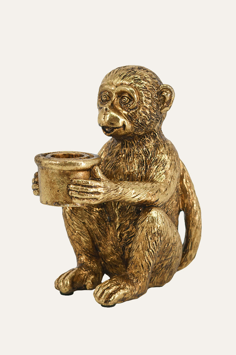 Monkey Figurine Gold Metal Candle Holder with Detailed Textures