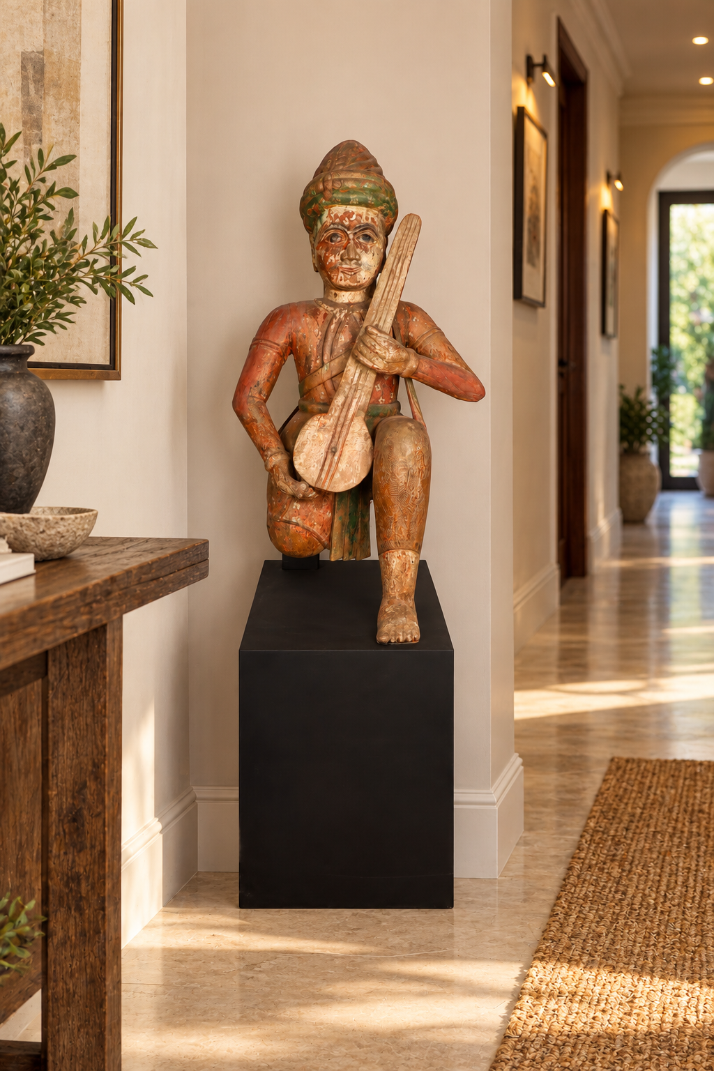 Indian Musician Man Figure on Gallery Pedestal Block