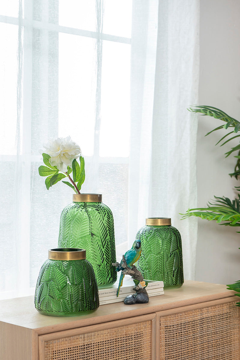 Green Embossed Leaf Glass Vase with Gold Rim
