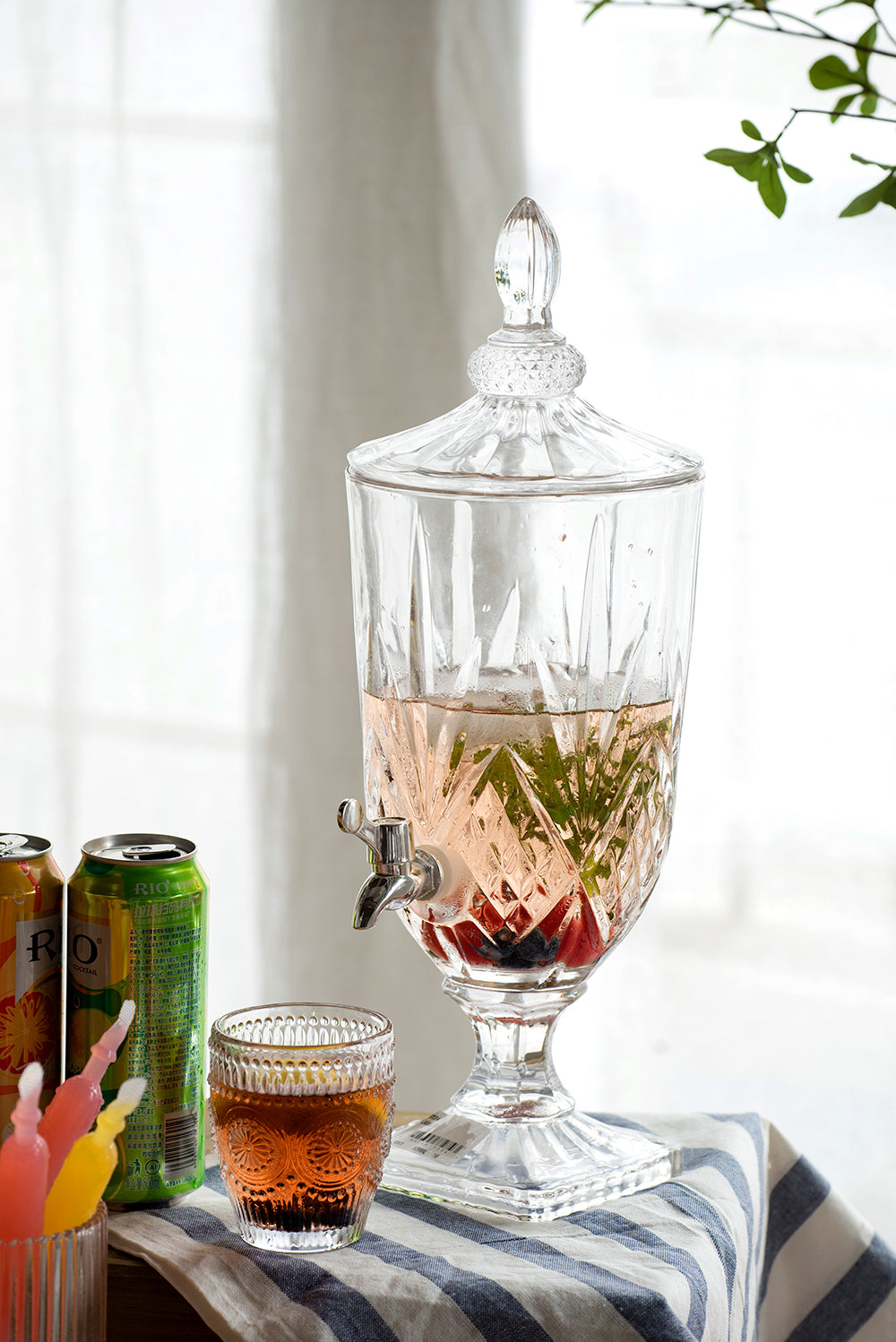 Vintage Cut Glass Beverage Dispenser with Spigot & Lid