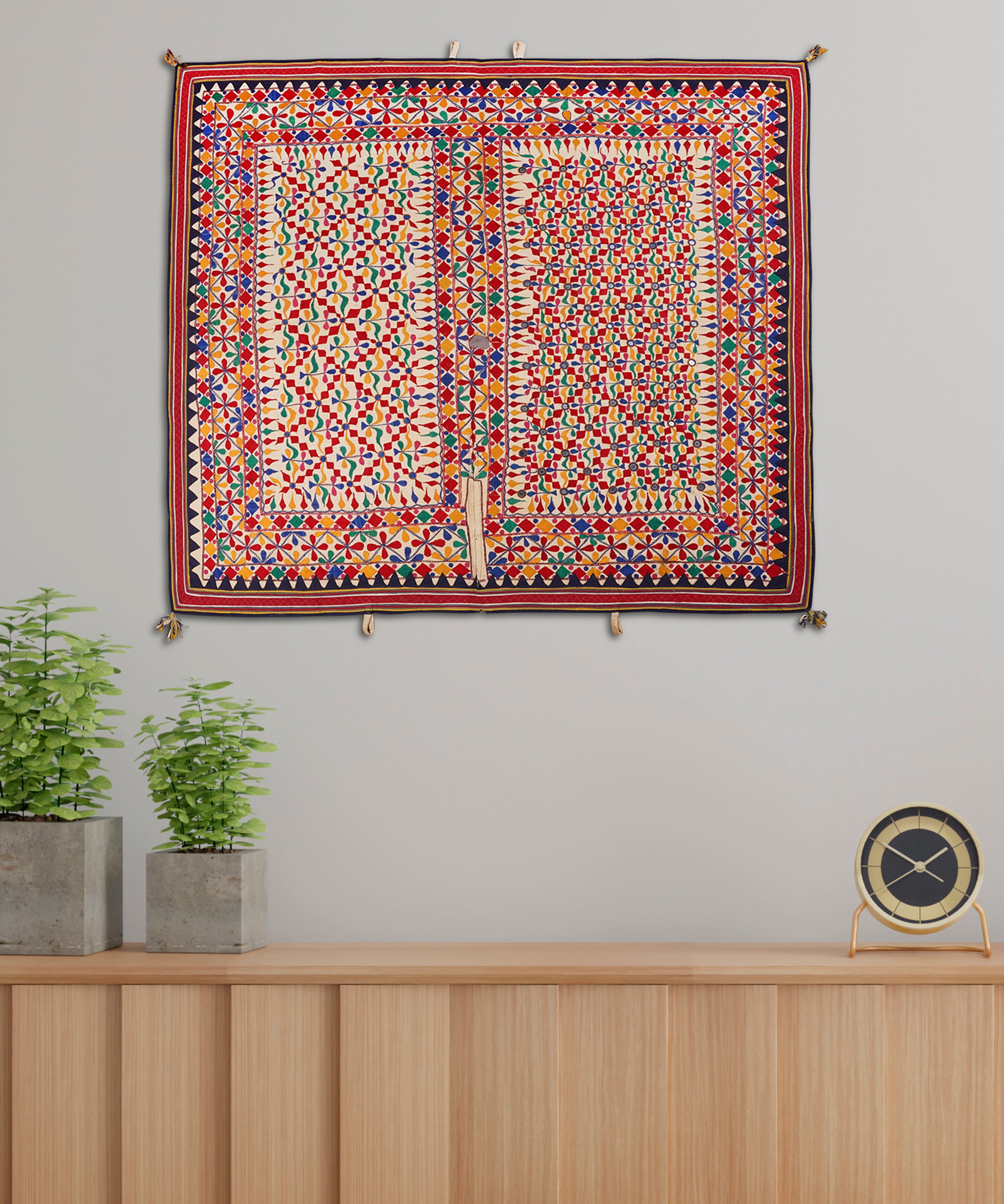 Gujrati Antique Textile Wall Hanging | Tribal Mirror Art Tapestry